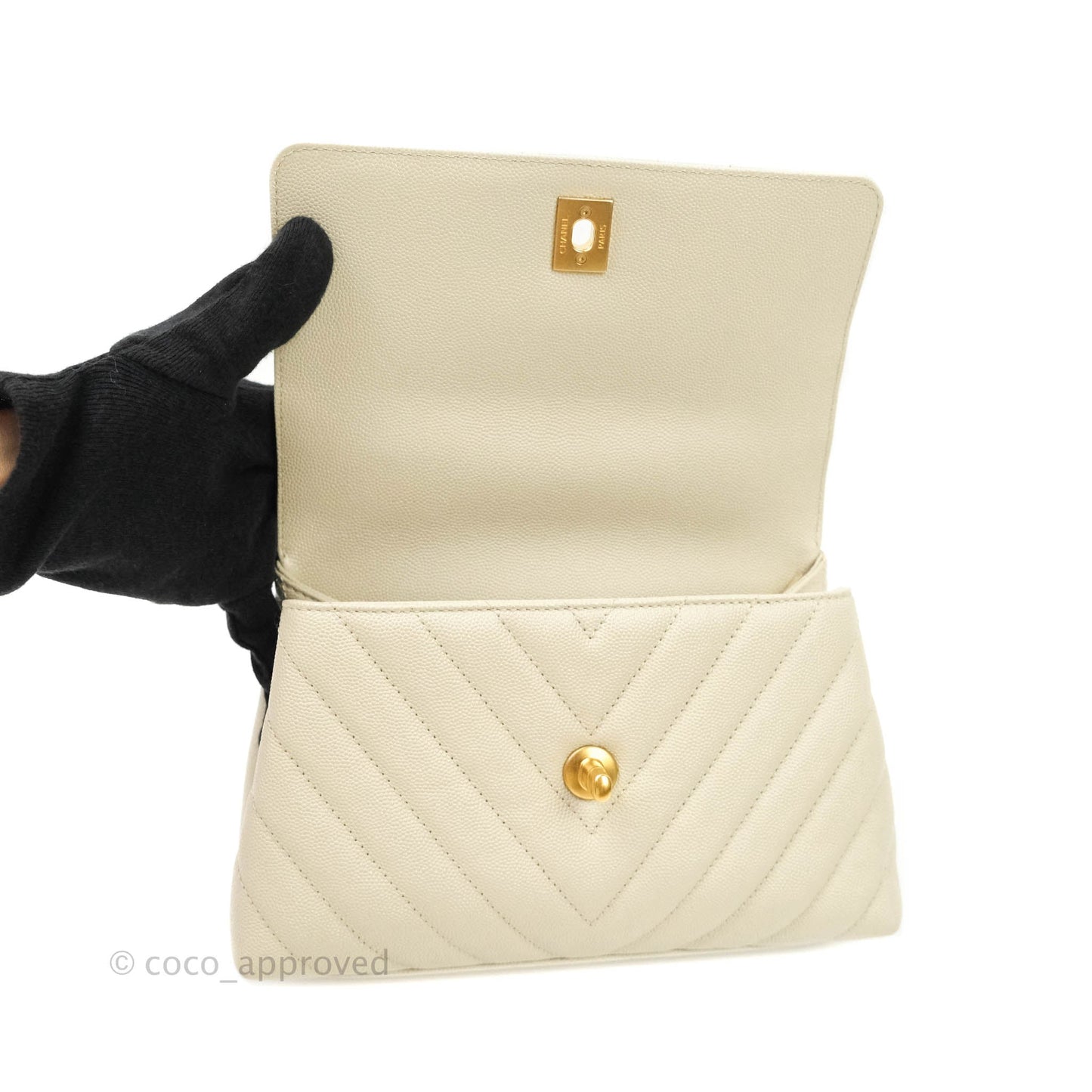 Chanel Mini Coco Handle Chevron Stone White Caviar Aged Gold Hardware