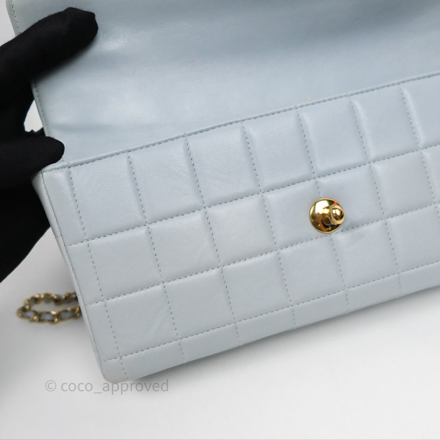 Chanel East West Chocolate Bar Flap Bag Blue Lambskin 24K Gold Hardware