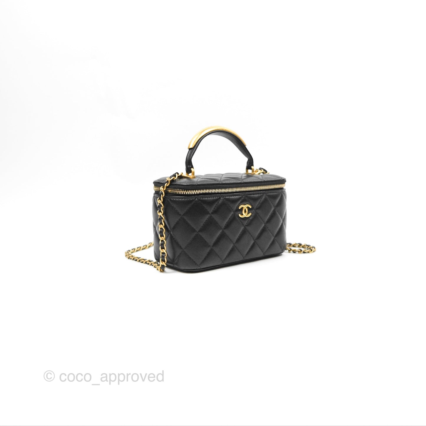 Chanel Vanity Rectangular Metal Top Handle Black Lambskin Aged Gold Hardware 22B