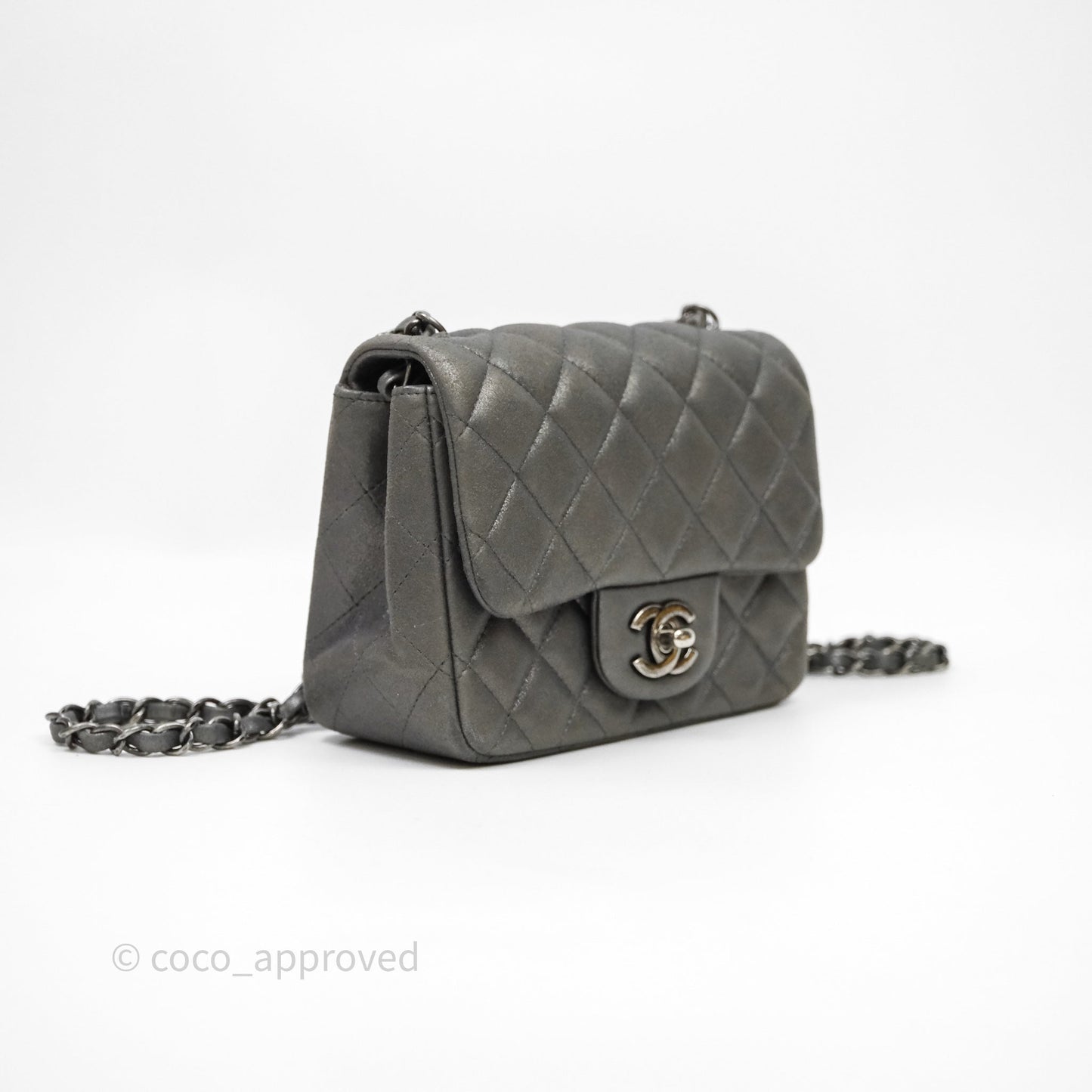 Chanel Mini Square Iridescent Grey Suede Gun Metal Hardware