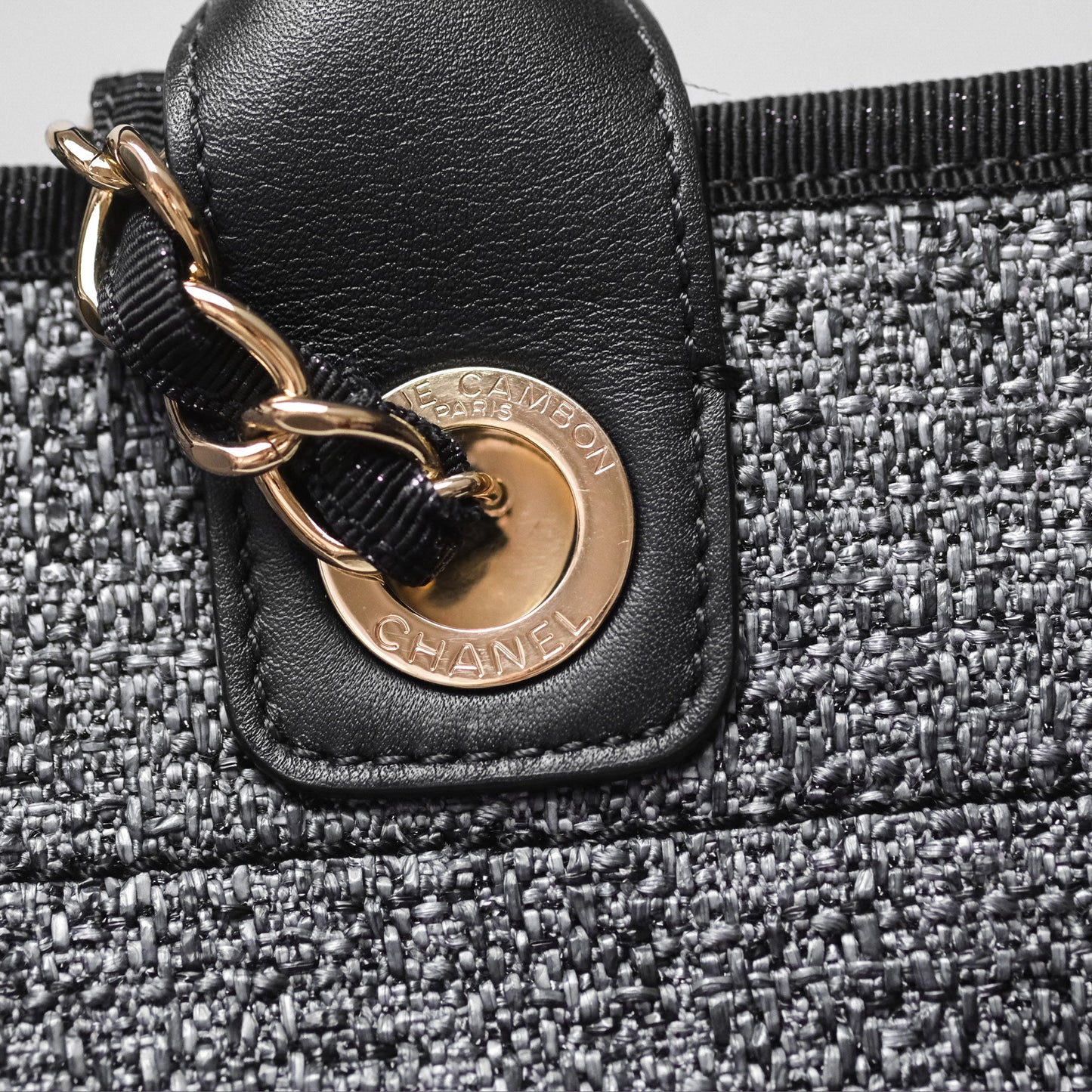 Chanel Large Deauville Glitter Black Grey Raffia Gold Hardware