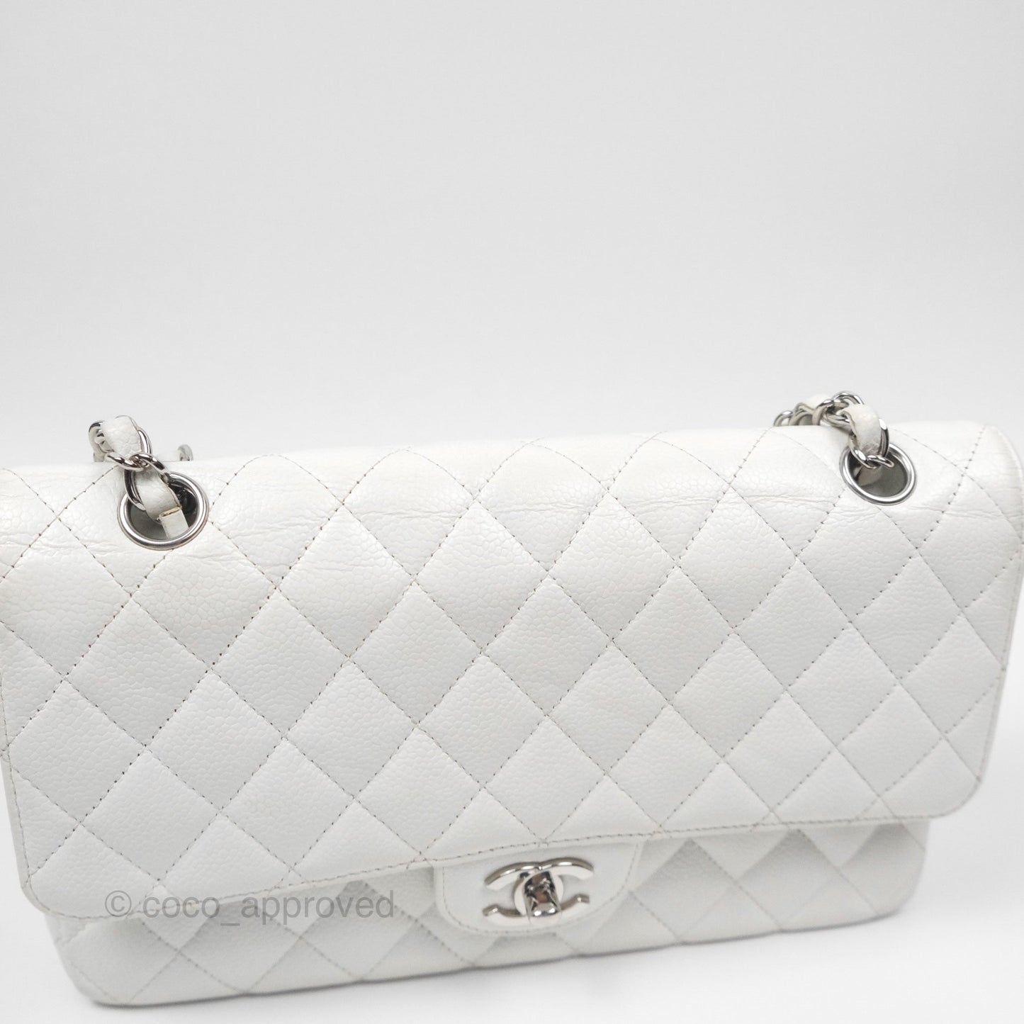 Chanel Classic M/L Medium Flap Quilted White Caviar Silver Hardware