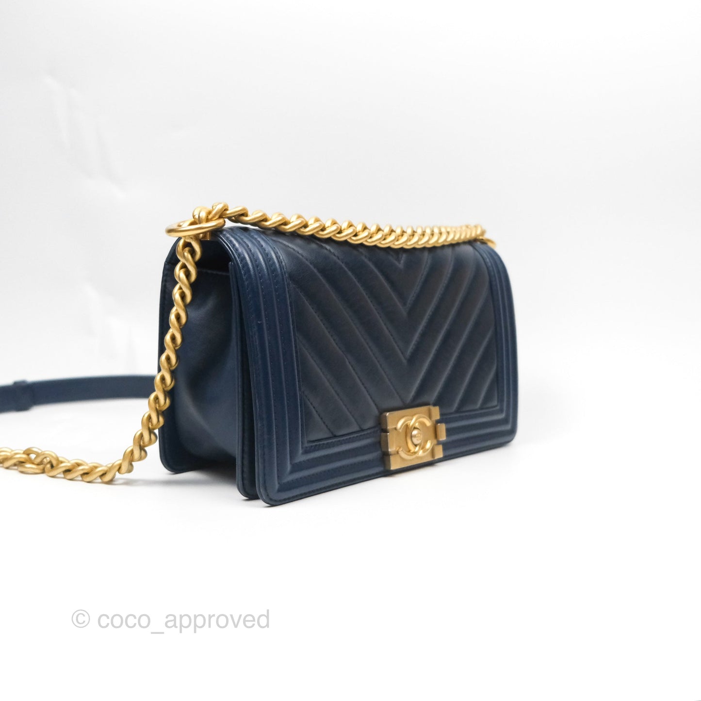 Chanel Medium Boy Chevron Navy Calfskin Aged Gold Hardware