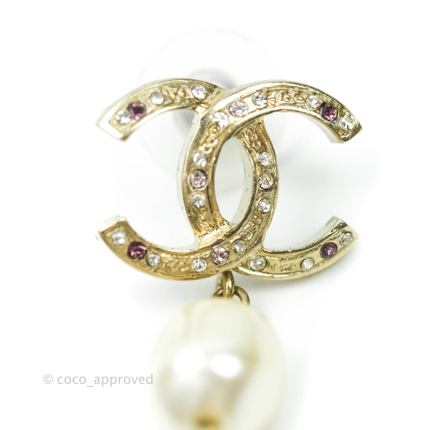 Chanel CC Crystal Drop Pearl Earrings Gold Tone 12A