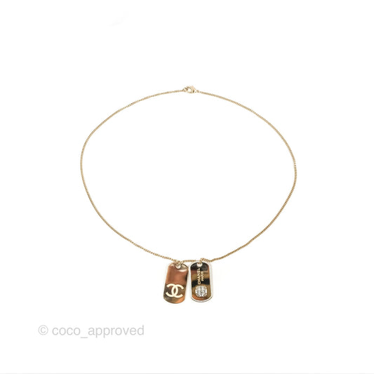 Chanel Dog Tag Charm Crystal Necklace Gold Tone 20P