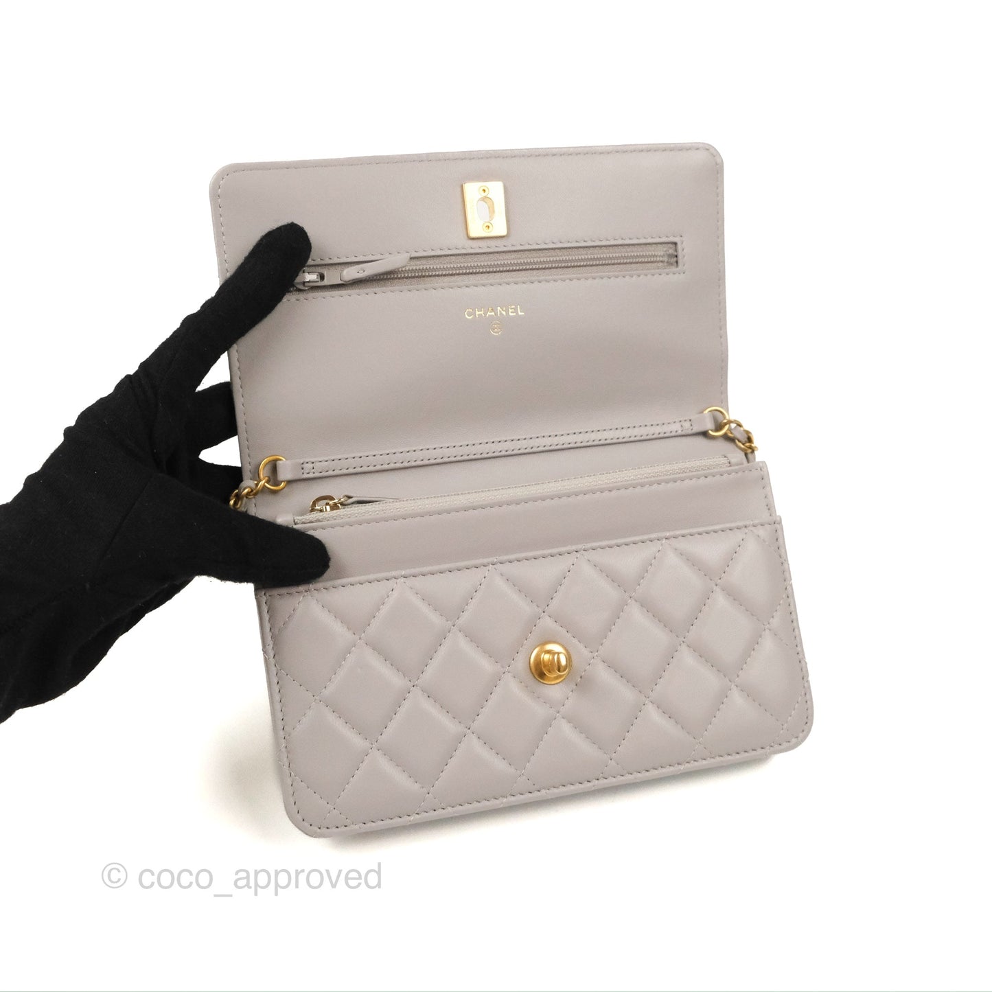 Chanel Quilted Pearl Crush Wallet on Chain WOC Light Grey Lambskin Aged Gold Hardware