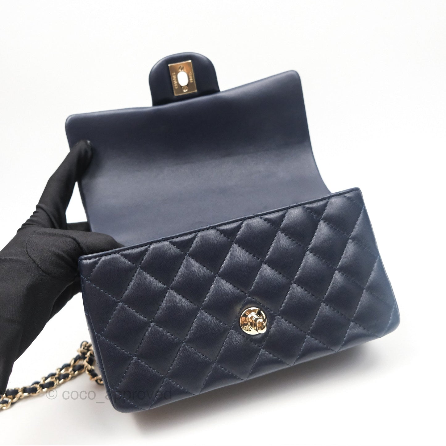 Chanel Top Handle Mini Rectangular Flap Bag Navy Lambskin Gold Hardware