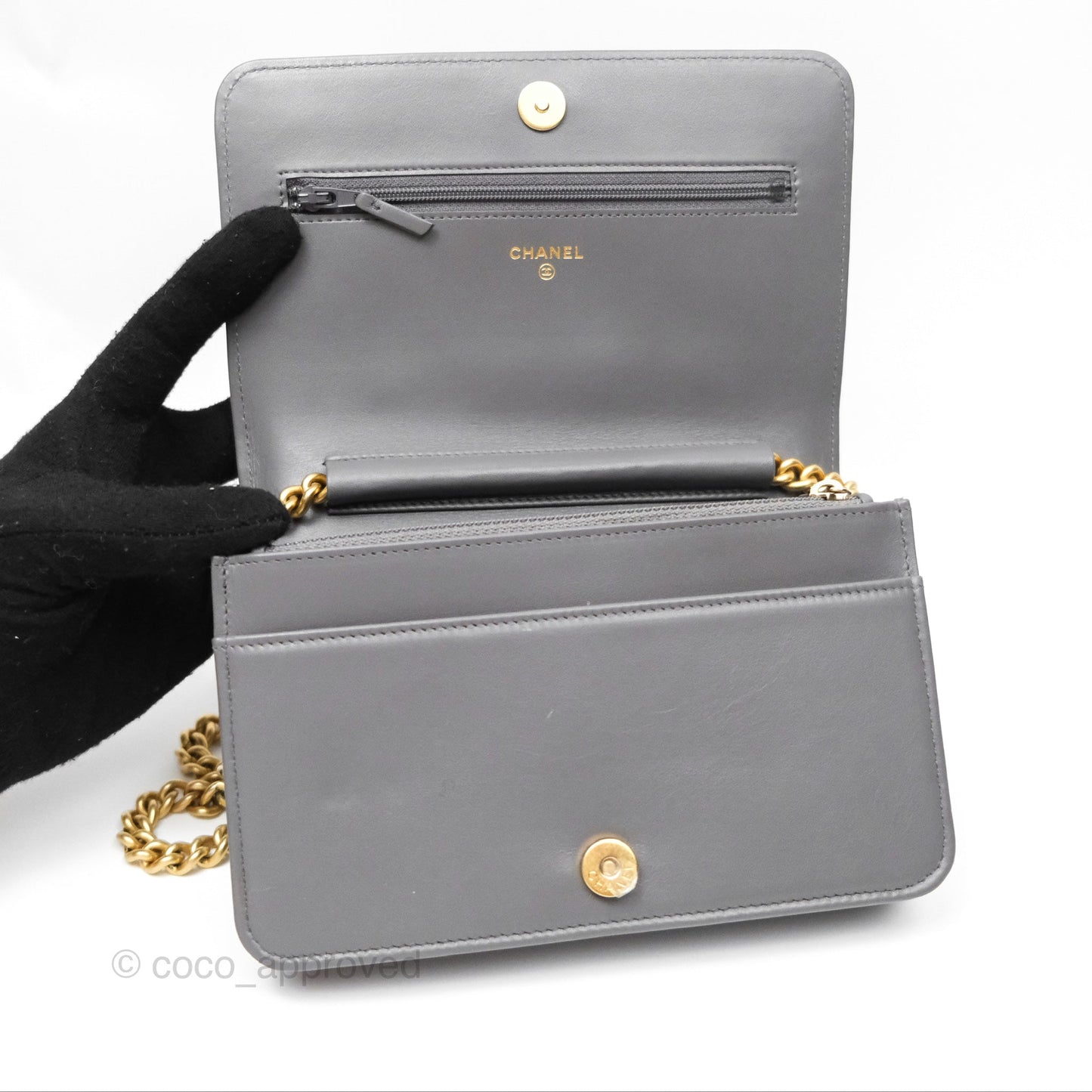 Chanel Quilted Boy Wallet on Chain WOC Grey Caviar Aged Gold Hardware