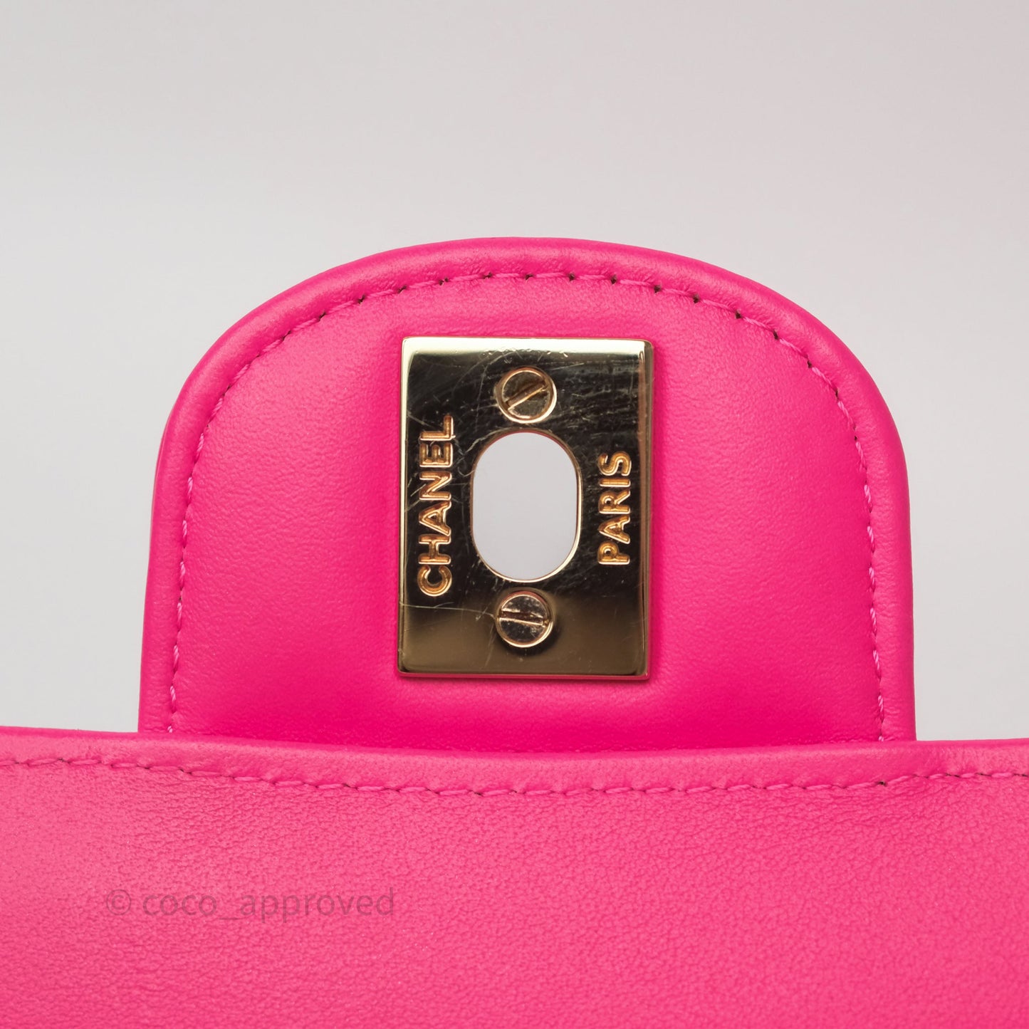 Chanel Quilted Mini Rectangular Flap Neo Pink Patent Gold Hardware