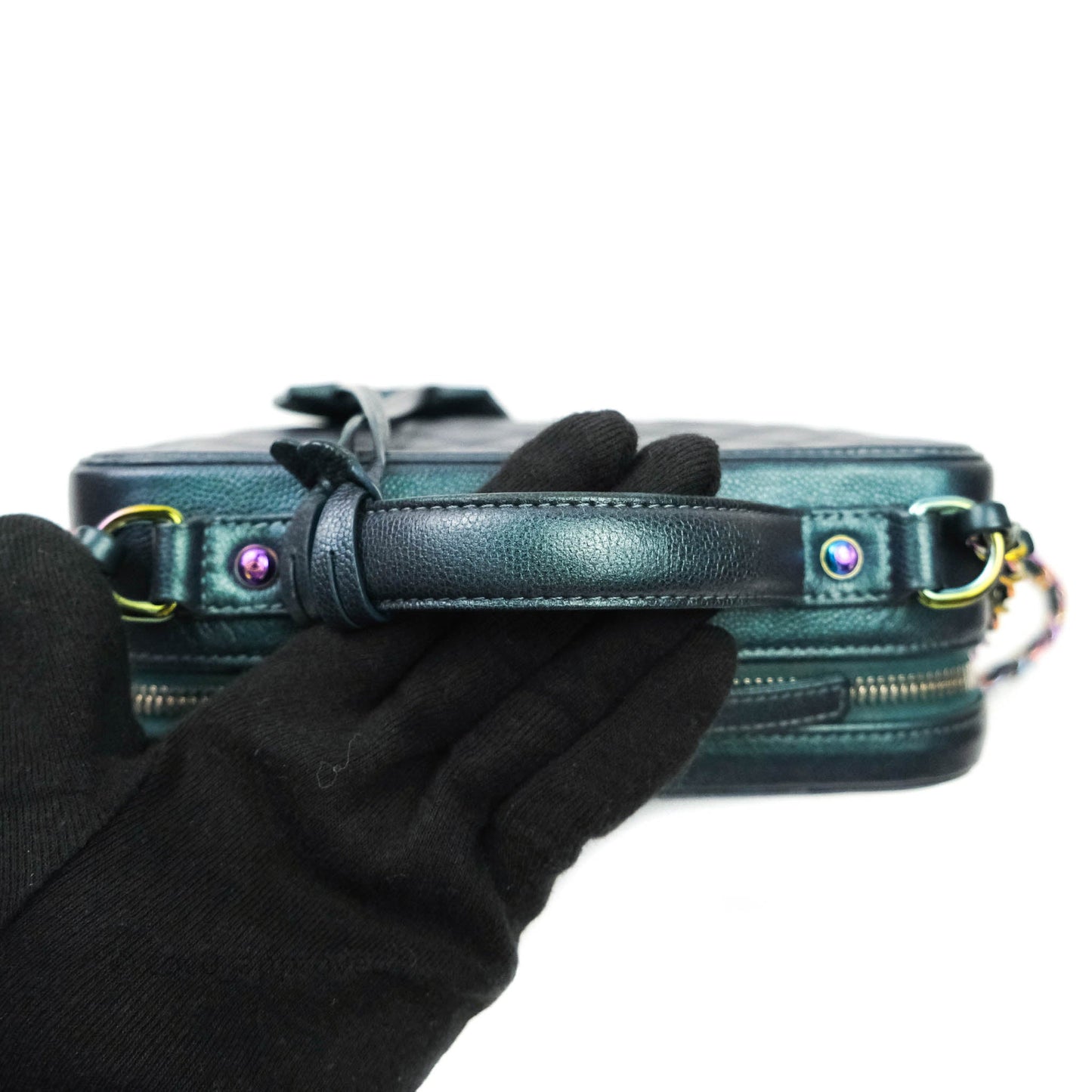 Chanel Quilted Medium CC Filigree Vanity Case Iridescent Dark Turquoise Caviar Rainbow Hardware