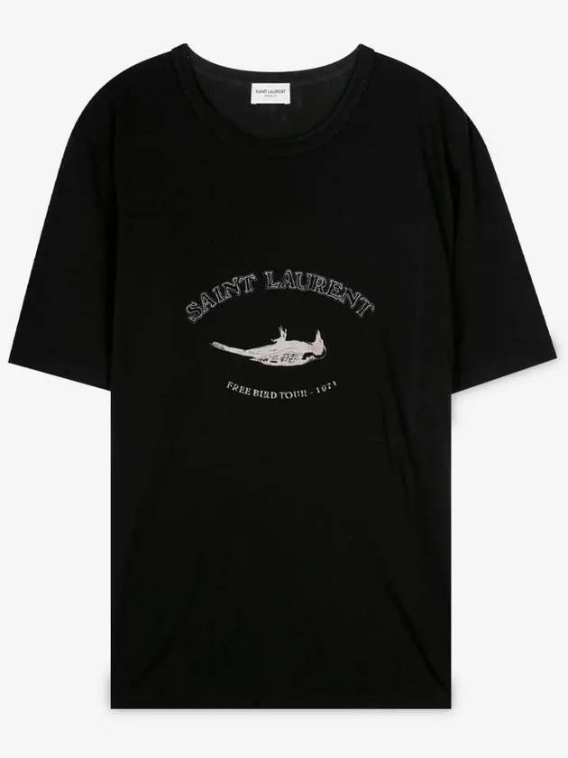 Luxury Saint Laurent Print Bird Round Short Sleeve T-Shirt Black