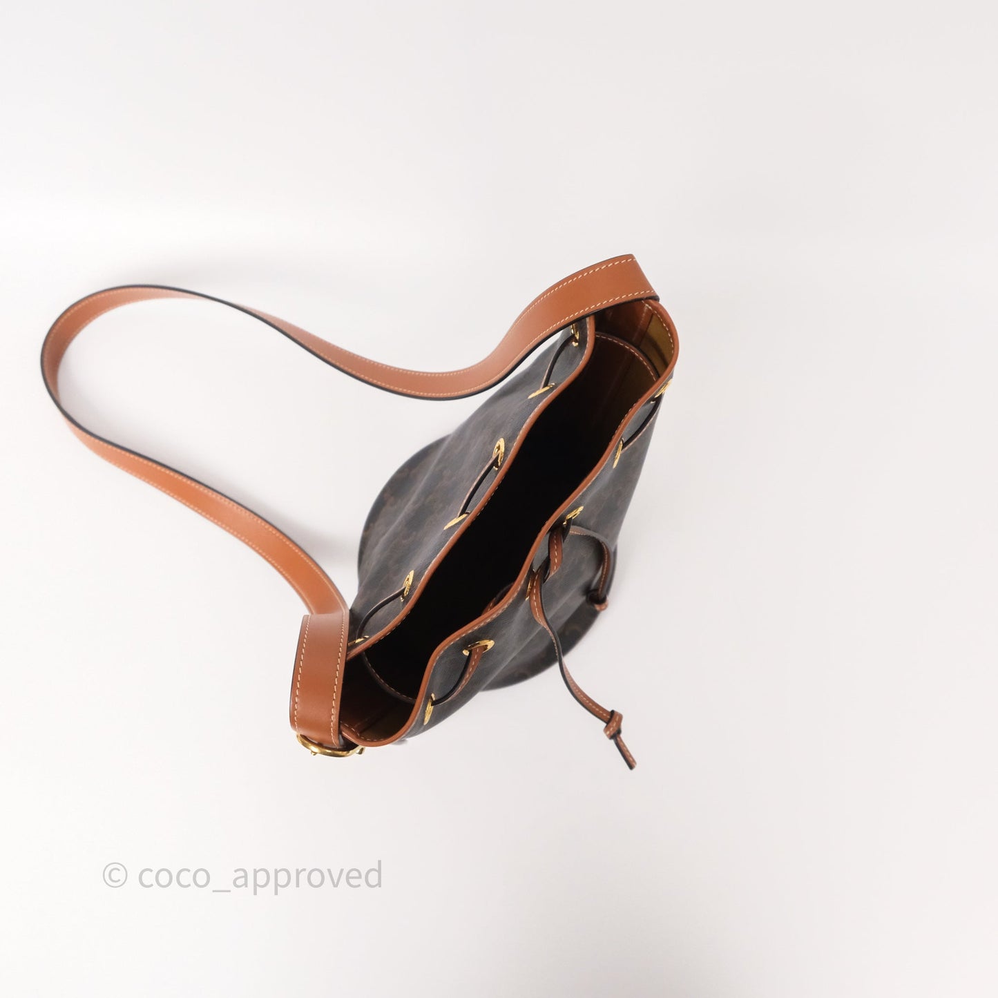 Celine Small Drawstring Bucket Bag Triomphe Canvas Tan Black