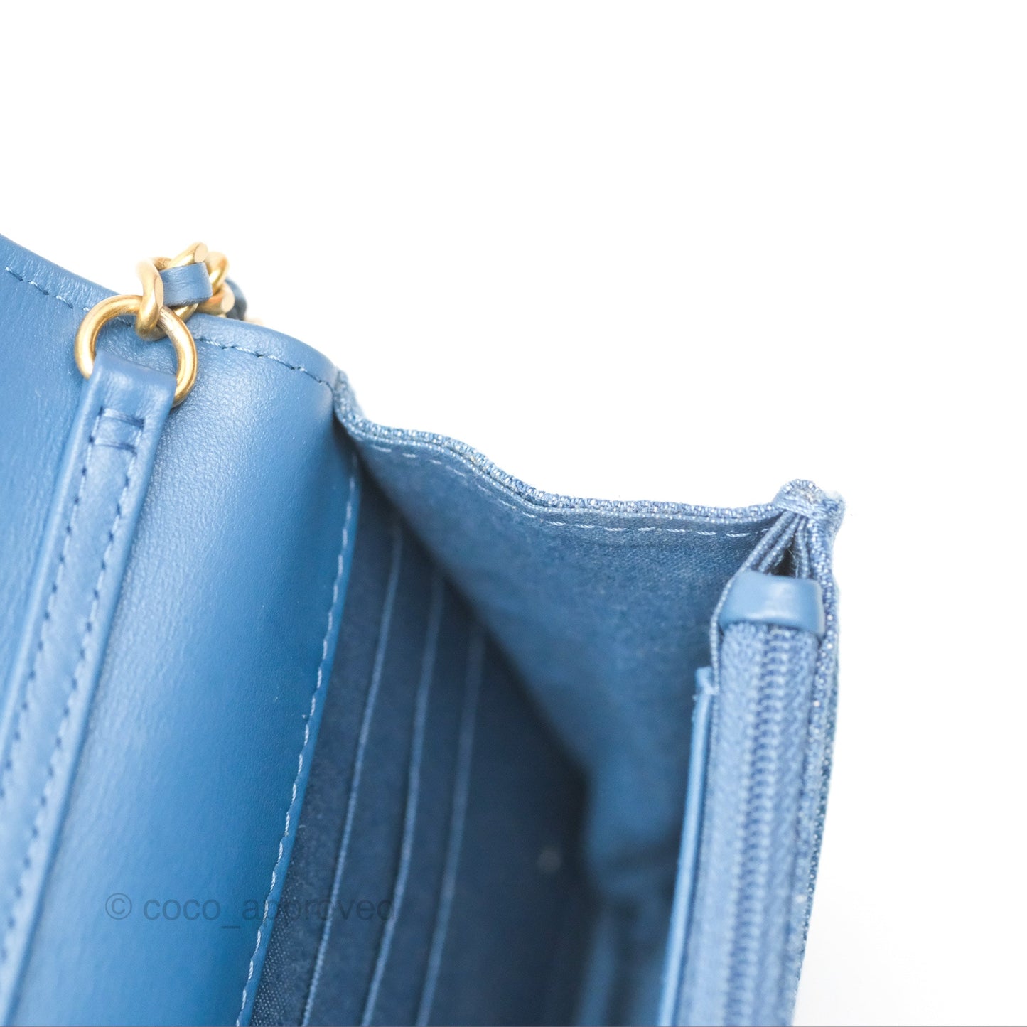 Chanel Quilted Pearl Crush Wallet on Chain WOC Denim Aged Gold Hardware