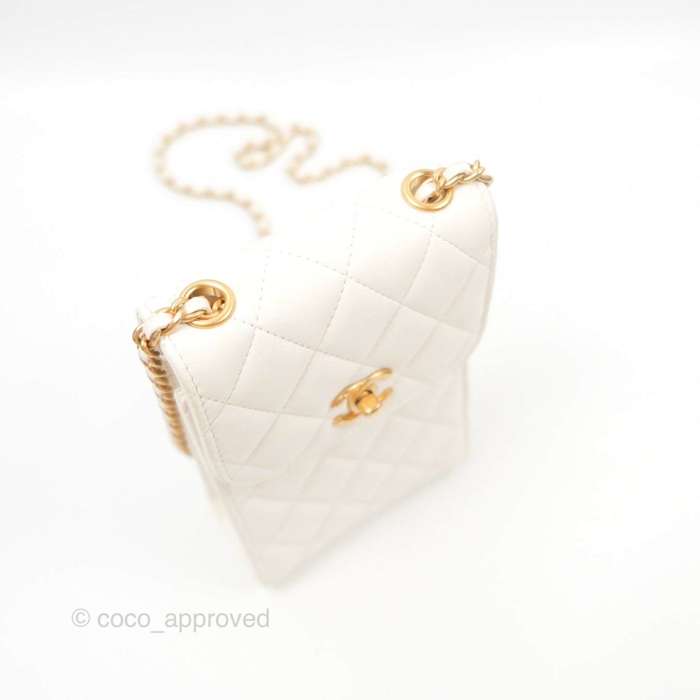 Chanel Quilted Pearl Crush Phone Holder With Chain White Lambskin