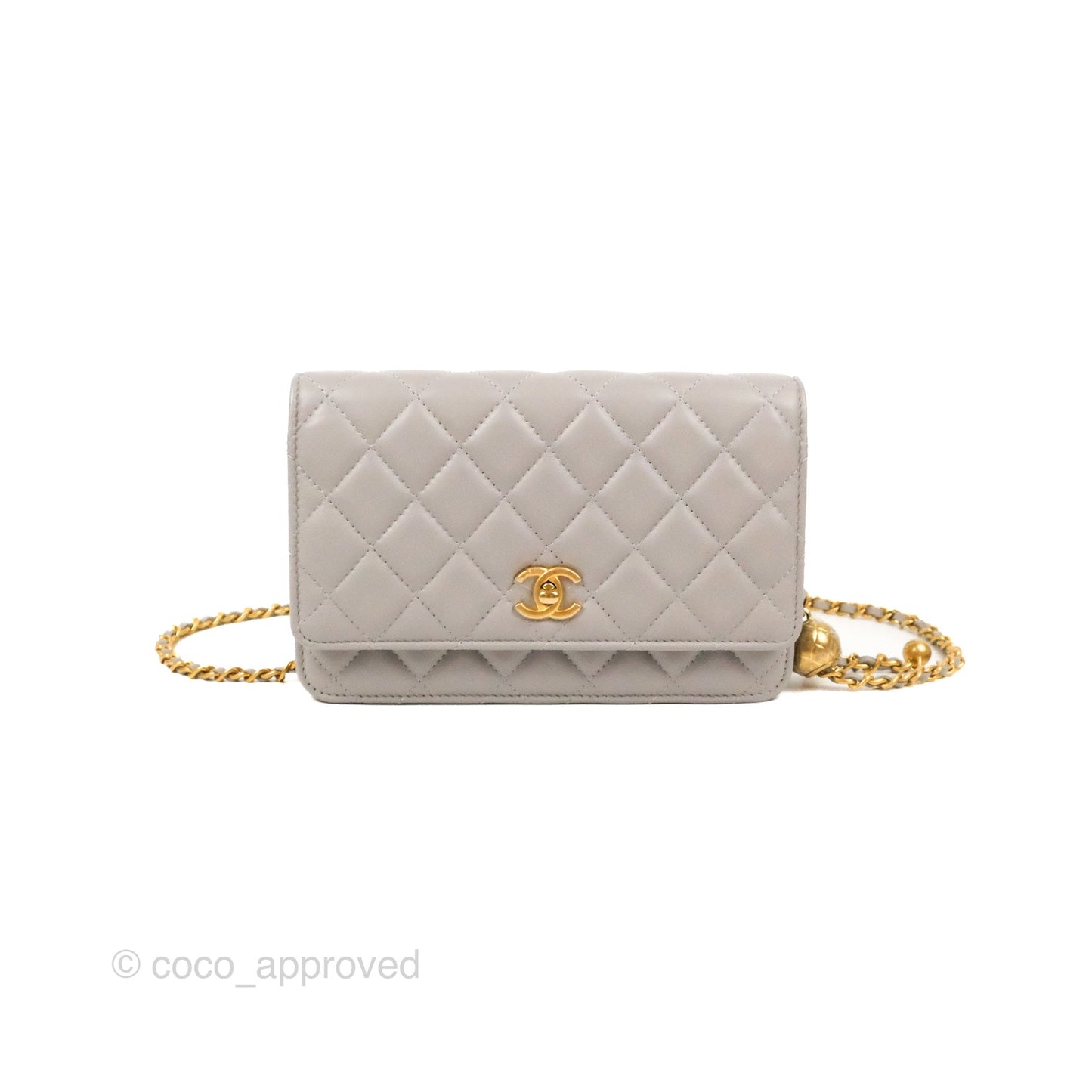 Chanel Quilted Pearl Crush Wallet on Chain WOC Light Grey Lambskin Aged Gold Hardware
