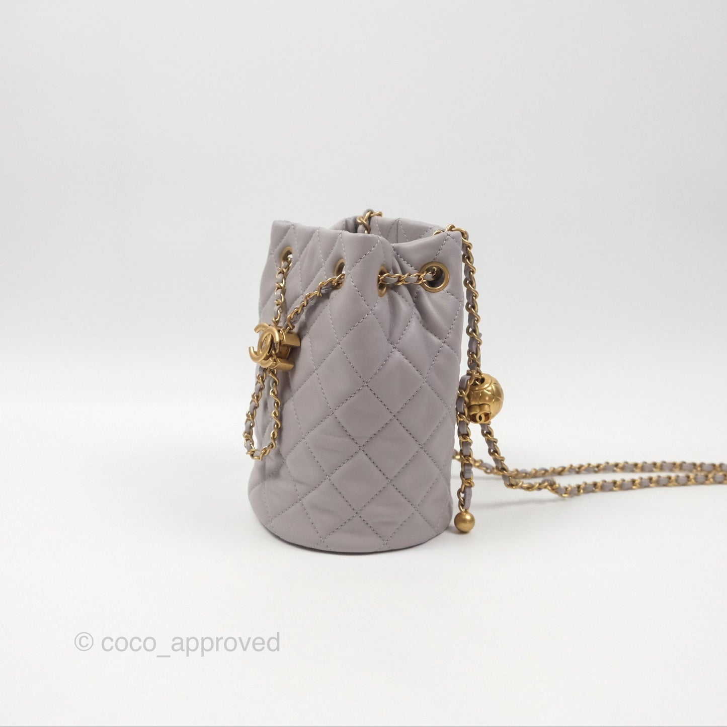 Chanel Pearl Crush Drawstring Bucket Bag Grey Lambskin Aged Gold Hardware