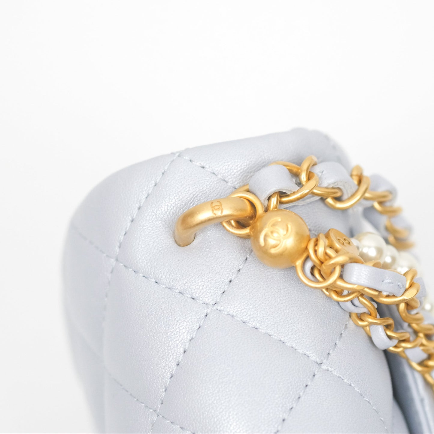Chanel Pearl Chain Mini Flap Bag Pearly Light Blue Lambskin Aged Gold Hardware 24P
