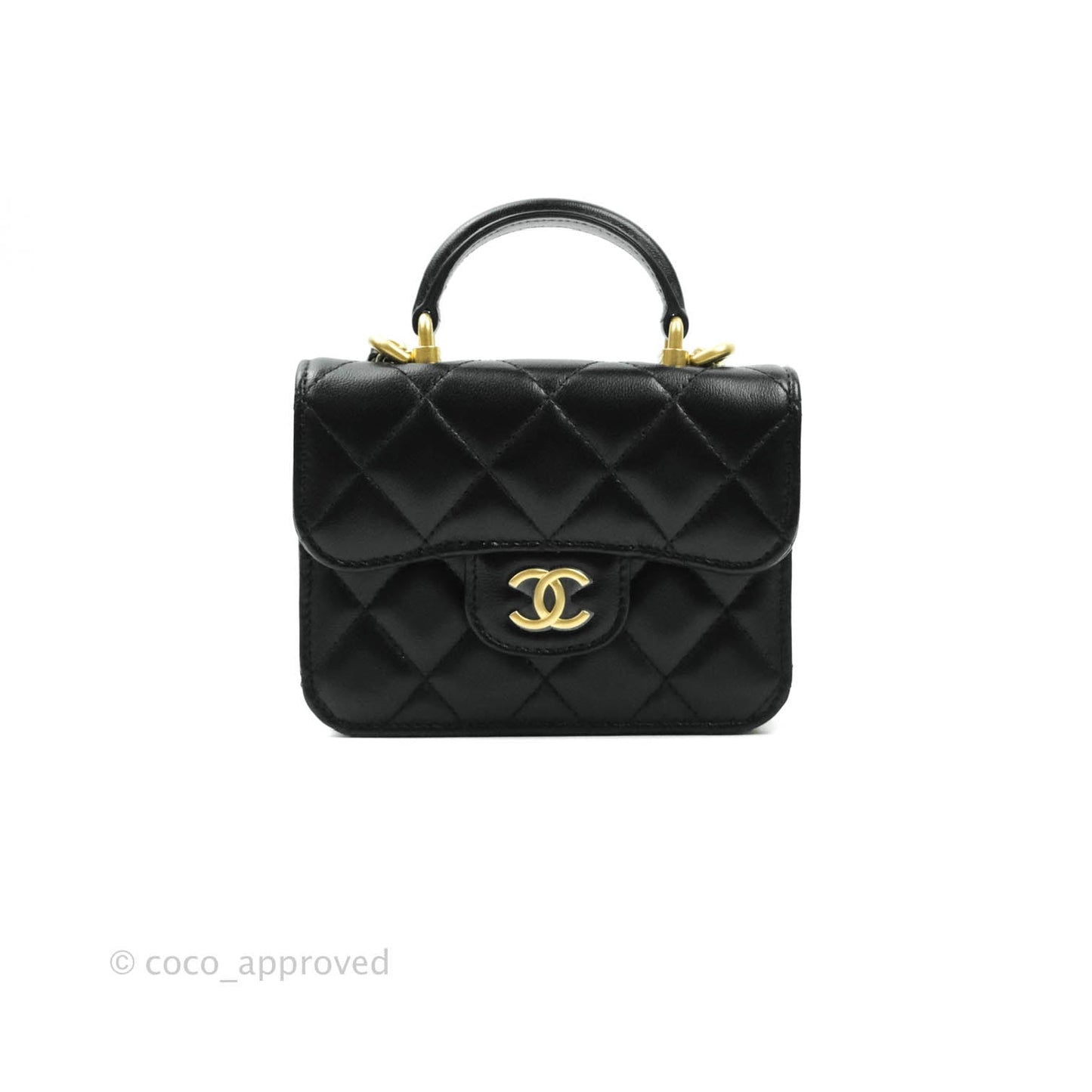 Chanel Mini Handle Flap Coin Purse With Chain Black Lambskin Gold Hardware