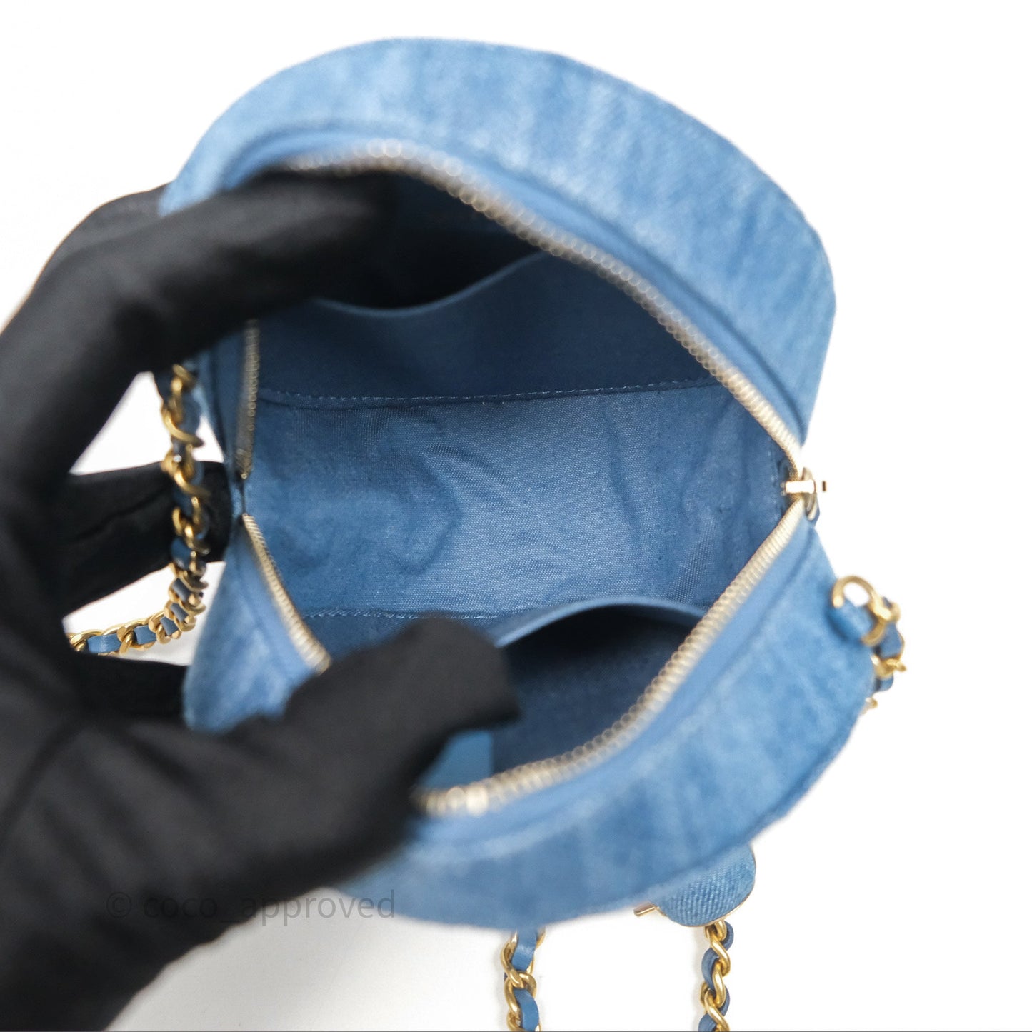 Chanel Quilted Pearl Crush Round Clutch With Chain Denim Aged Gold Hardware