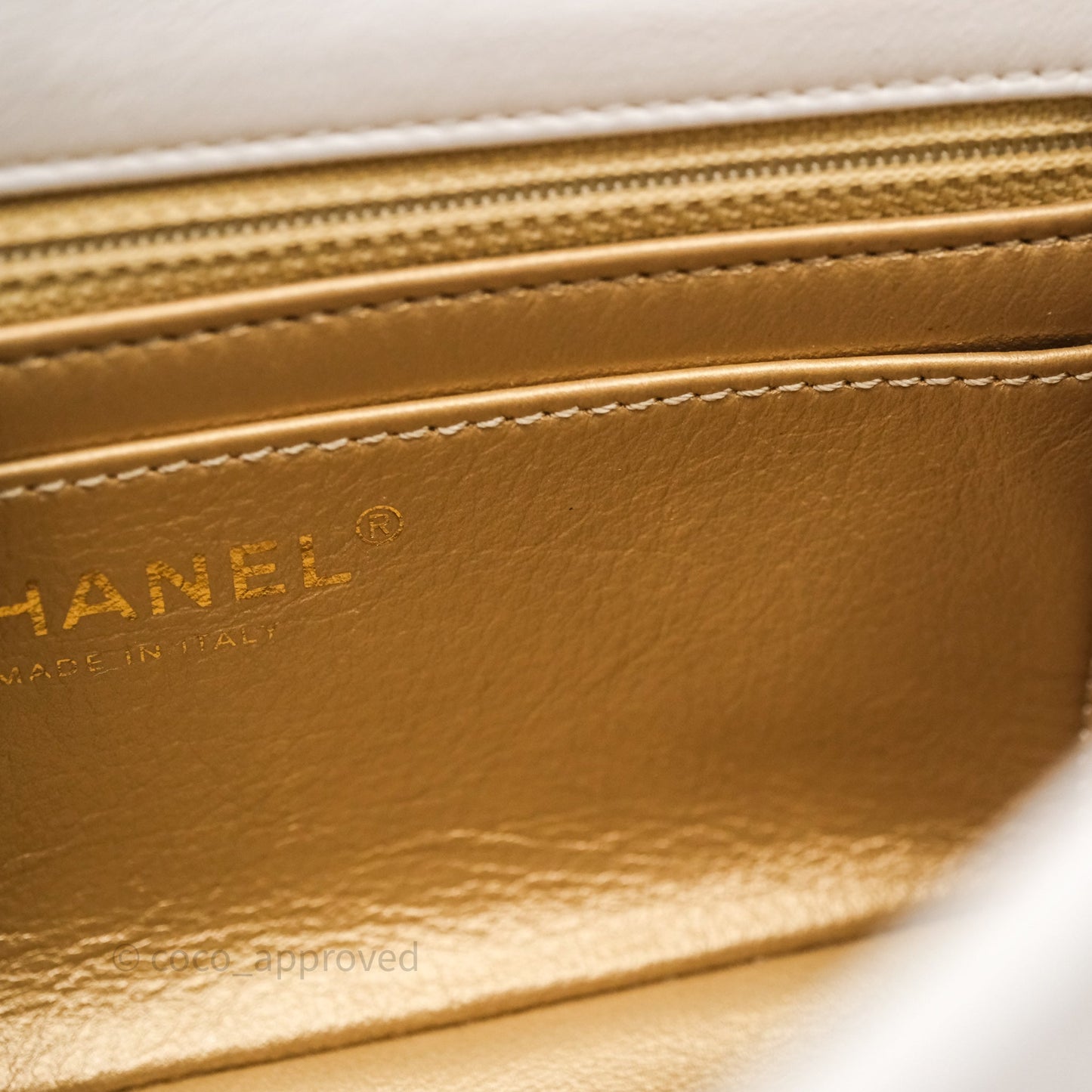 Chanel Mini Rectangular Pearl Crush Quilted White Lambskin Aged Gold Hardware