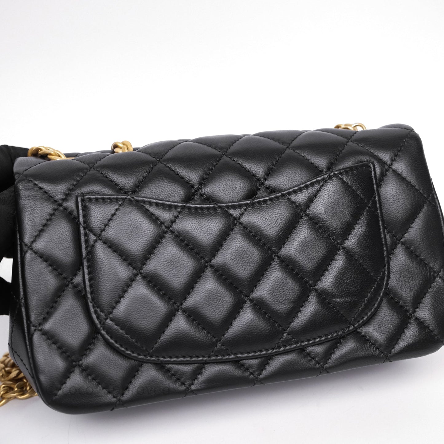 Chanel Mini Rectangular Flap with Camellia Adjustable Chain Black Lambskin Aged Gold Hardware