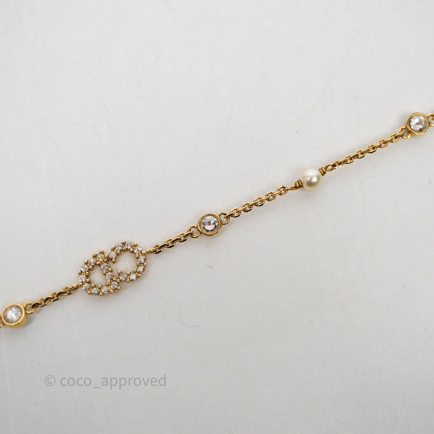 Christian Dior Metal Crystal Pearl CD Bracelet Gold Tone