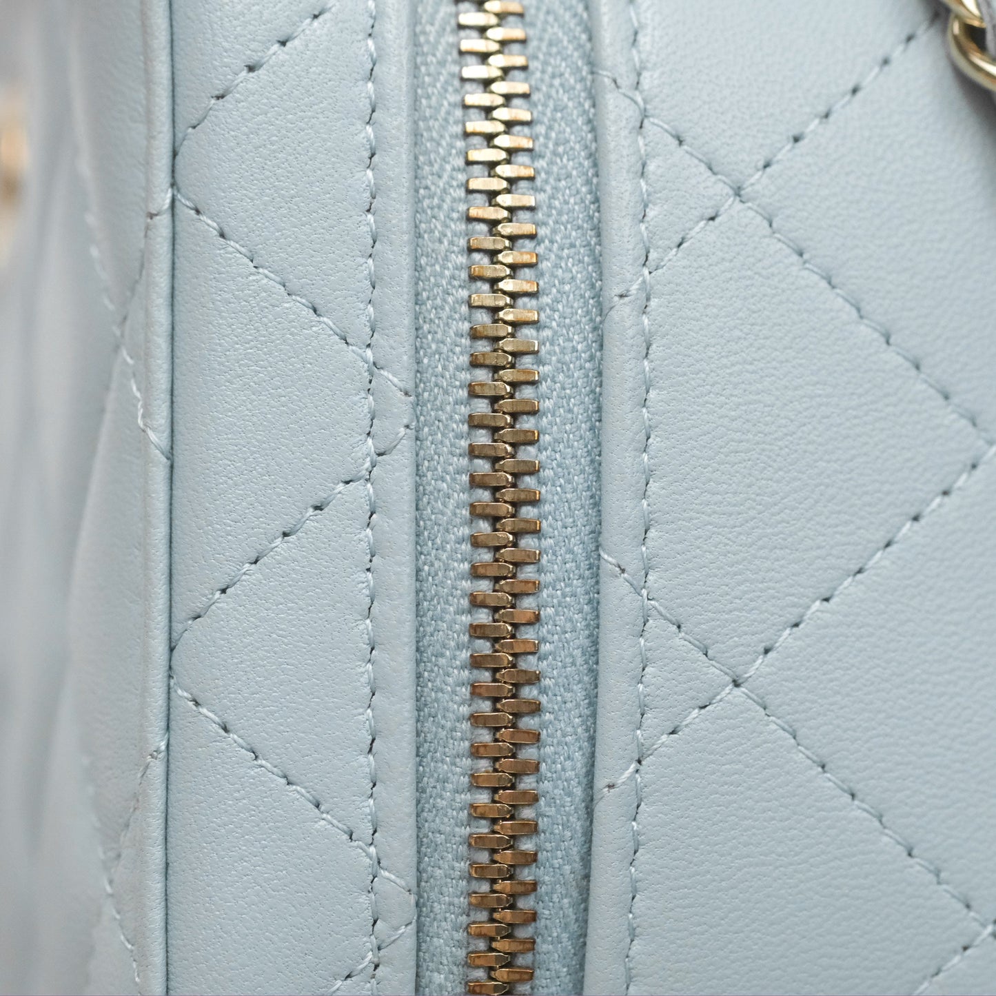 Chanel Mini Quilted Vanity Camera Case Light Blue Lambskin Gold Hardware