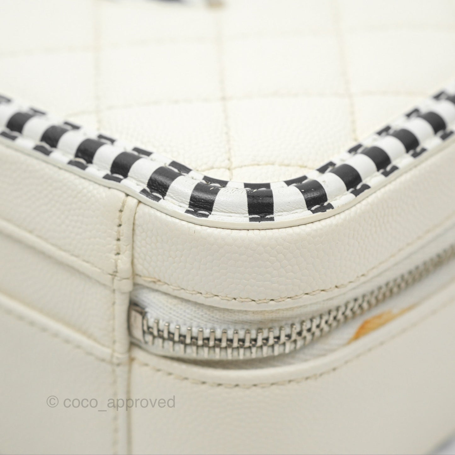 Chanel Quilted Medium CC Filigree Vanity Case White Black Stripe Caviar Silver Hardware
