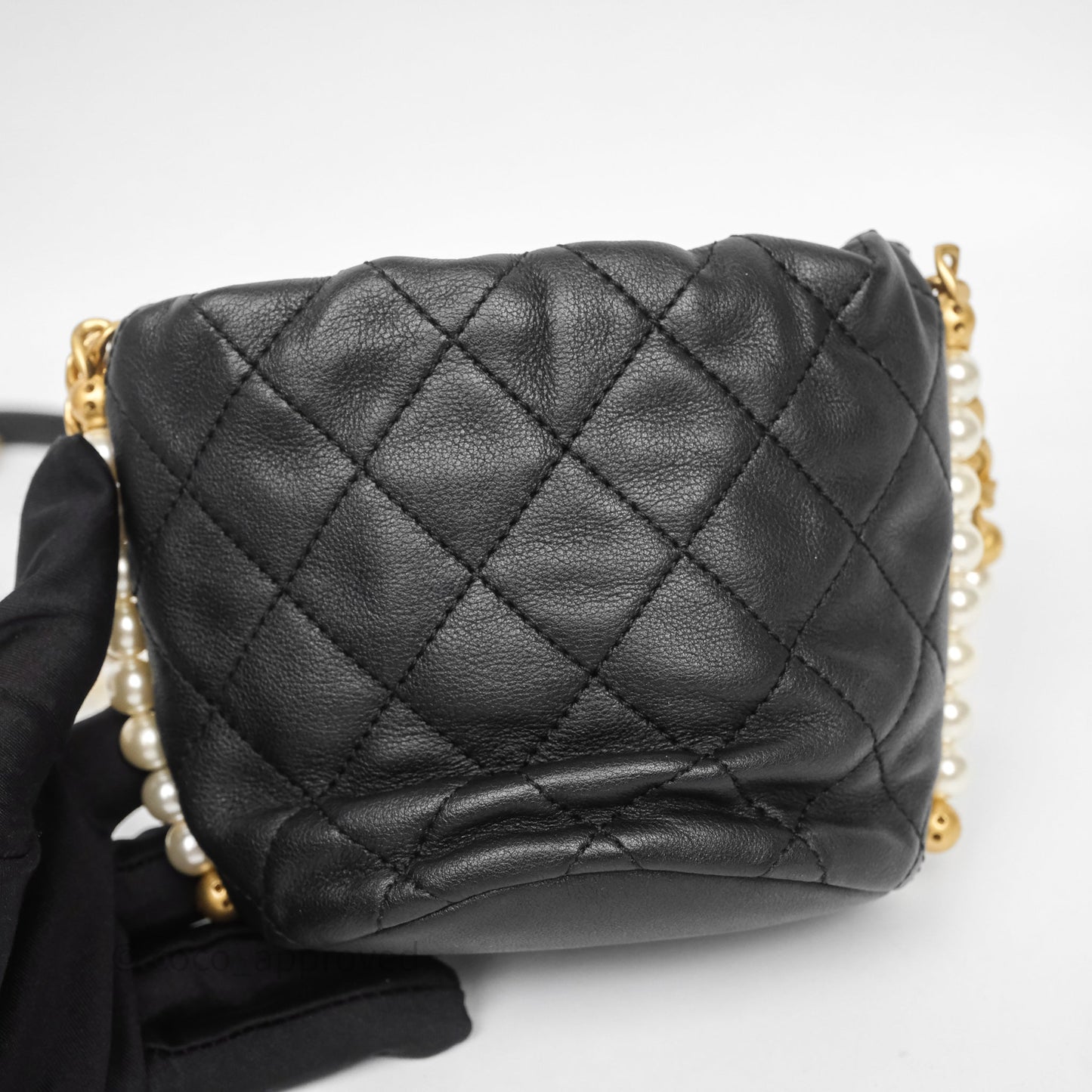Chanel Quilted Pearl Mini About Pearls Drawstring Bucket Bag Black Calfskin