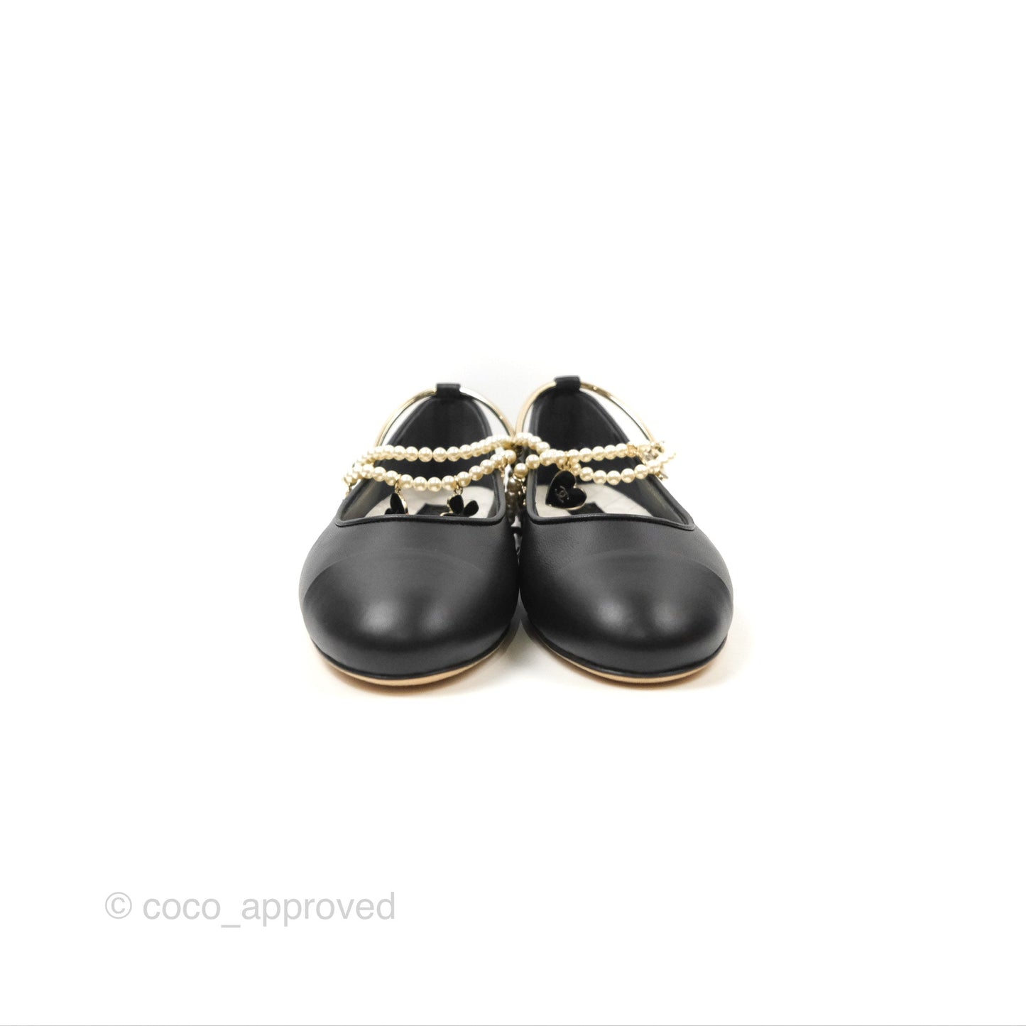 Chanel Ankle Double Pearl Pendant Flat Ballerinas Black Lambskin Size 37