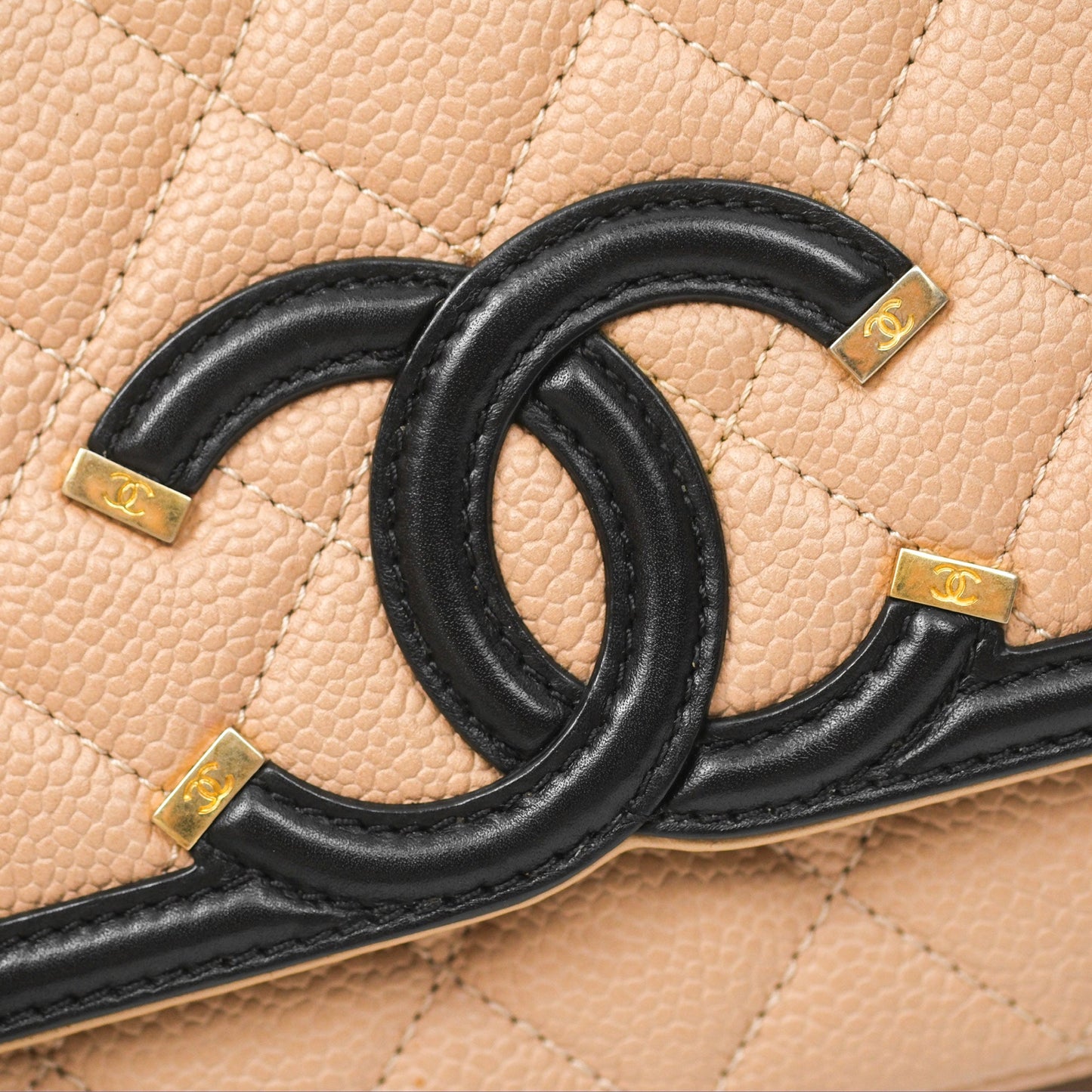 Chanel Quilted Small CC Filigree Flap Beige Black Caviar