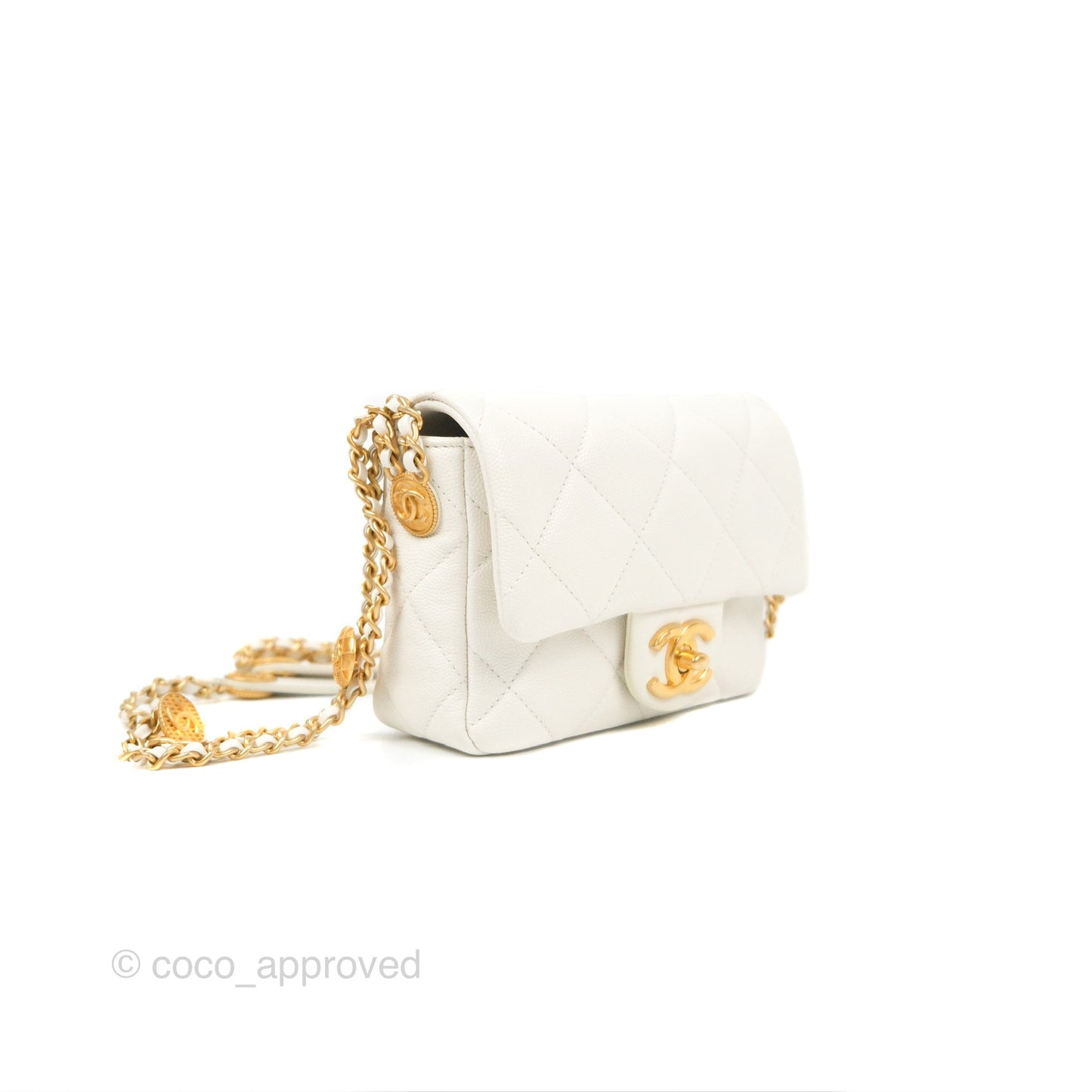 Chanel Mini Flap with Coin Charm White Caviar Aged Gold Hardware 22A