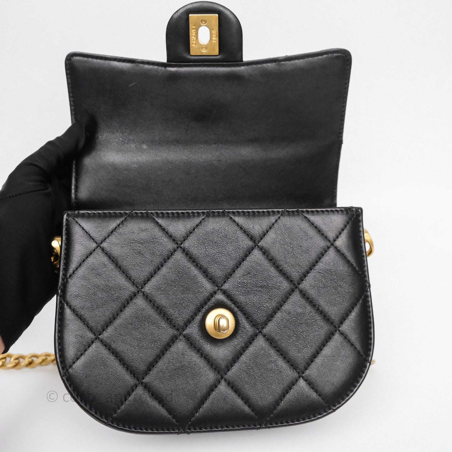 Chanel Mini Moon Messenger Bag Black Calfskin Aged Gold Hardware