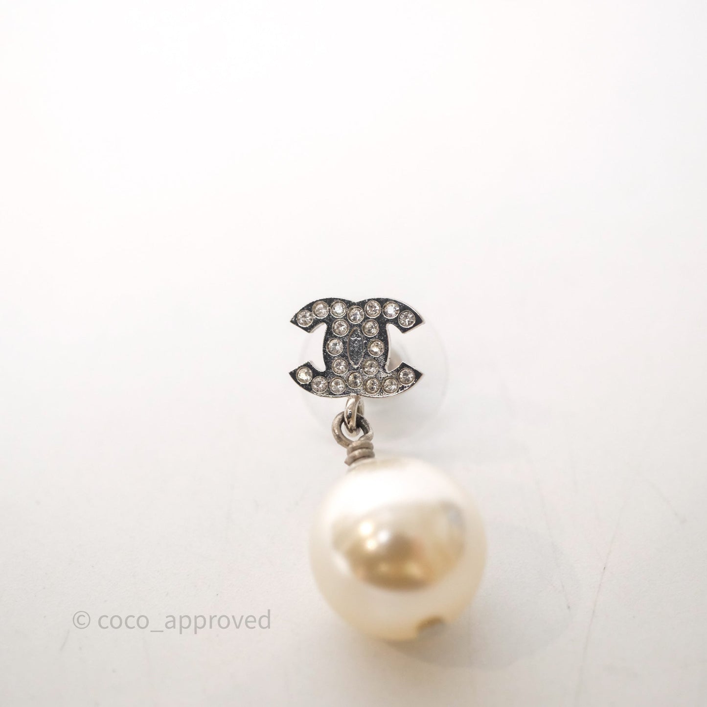 Chanel CC Crystal Pearl Drop Earrings Silver Tone 21V