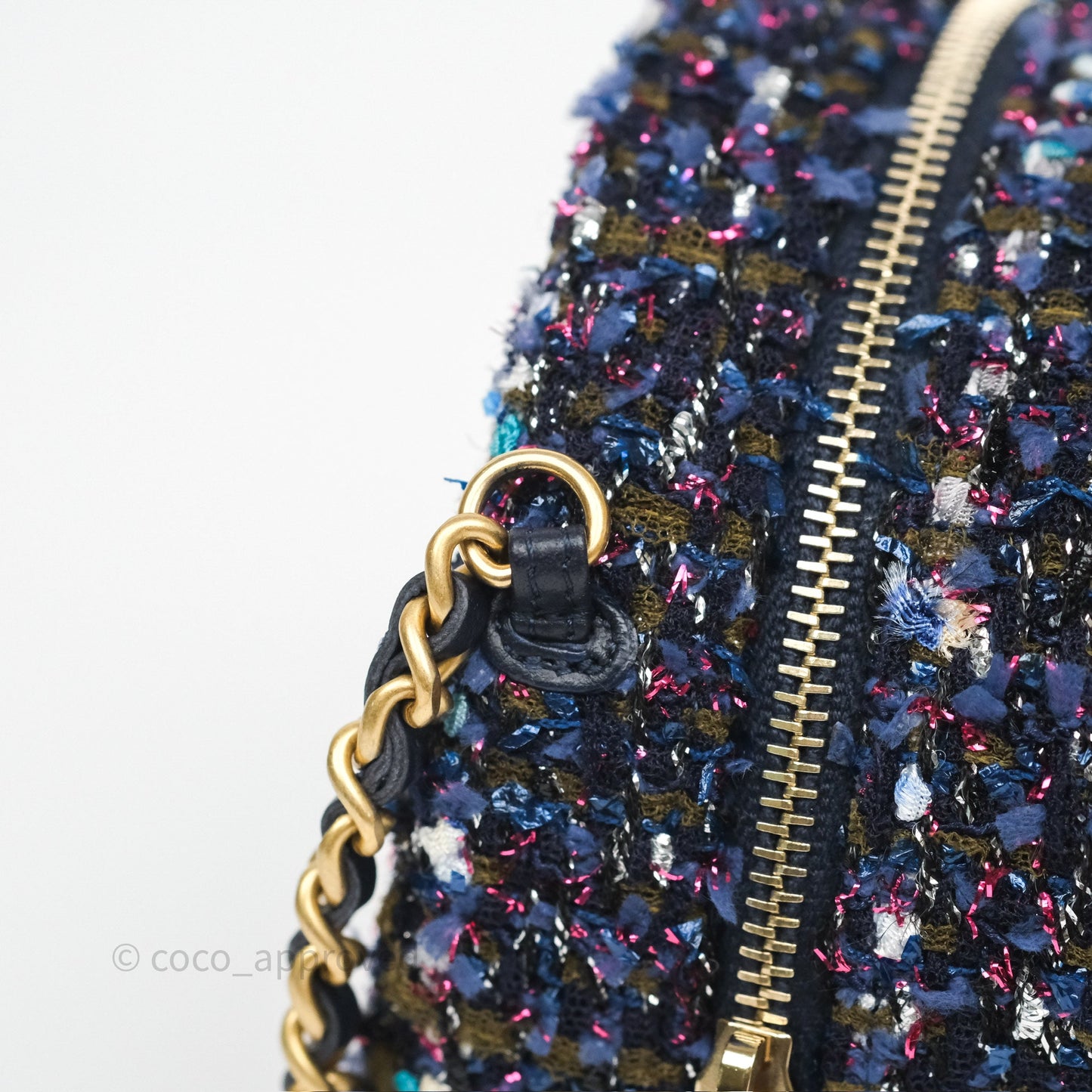 Chanel Charms Round Clutch With Chain Navy Purple Tweed Aged Gold Hardware