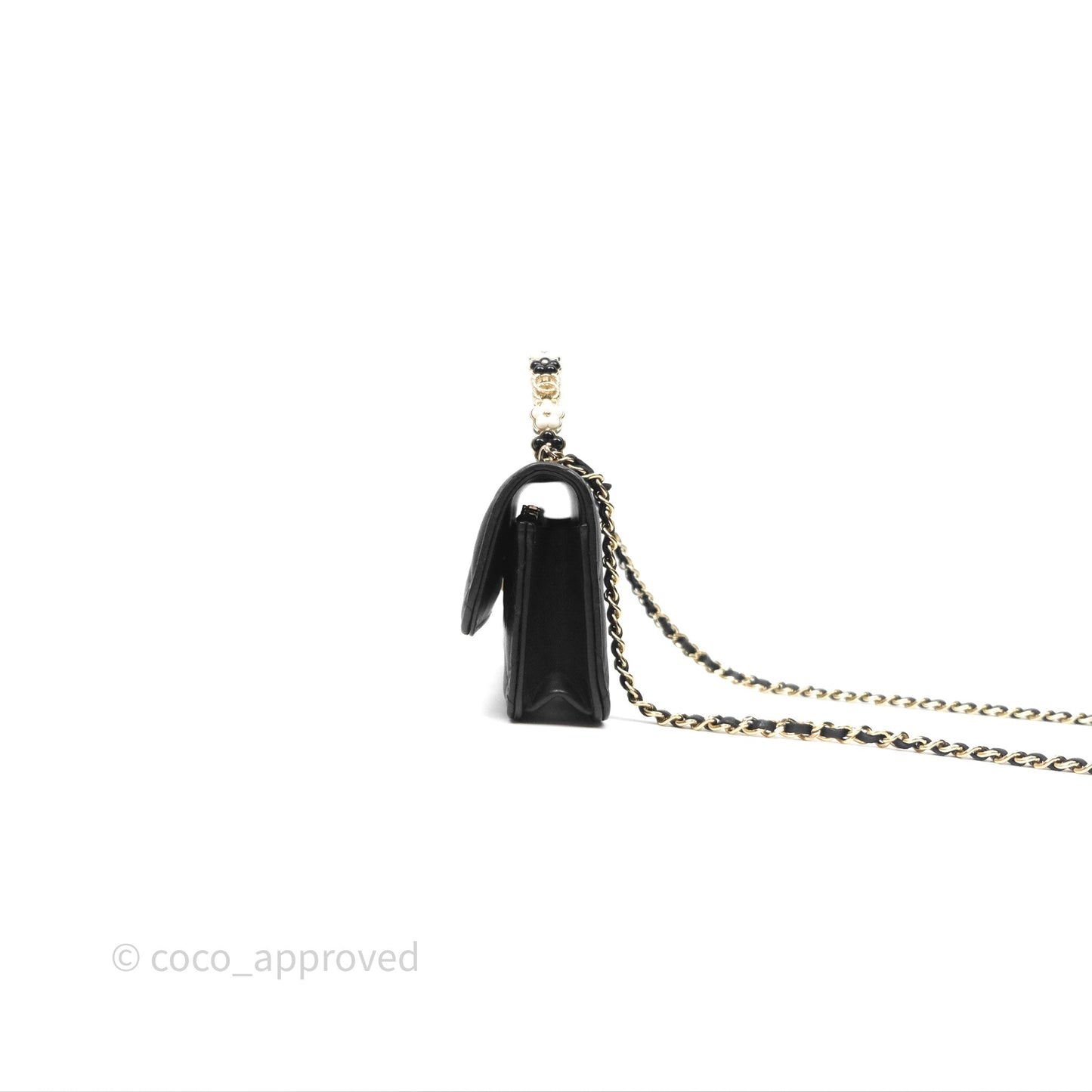 Chanel Camellia Handle Mini WOC Phone Holder with Chain Black Lambskin 23K