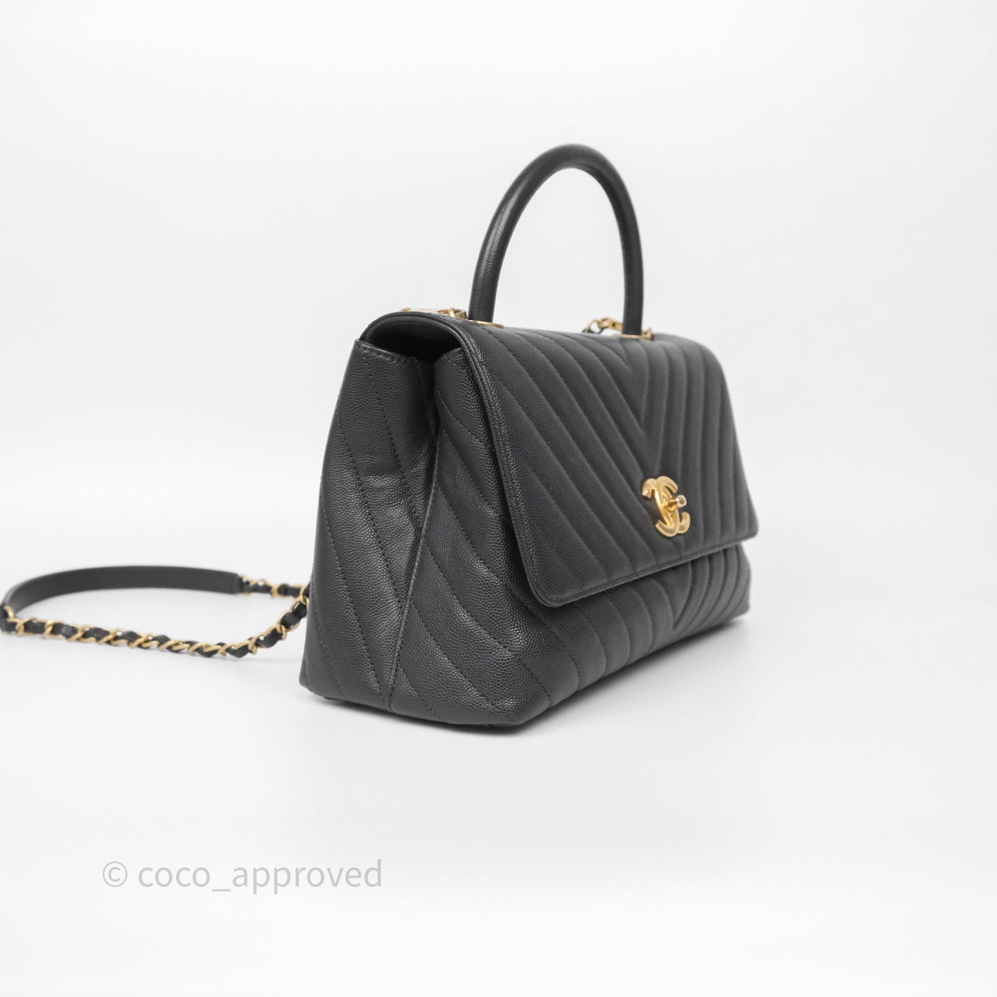 Chanel Medium Coco Handle Chevron Dark Grey Caviar Aged Gold Hardware
