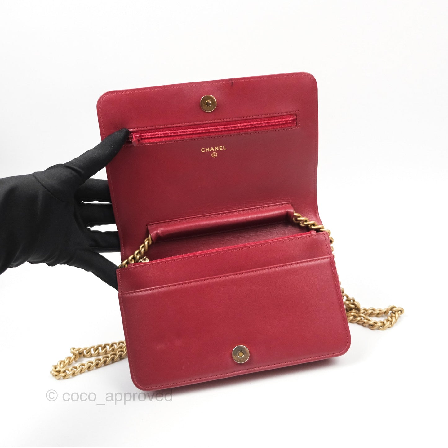 Chanel Quilted Boy Wallet on Chain WOC Red Caviar Aged Gold Hardware