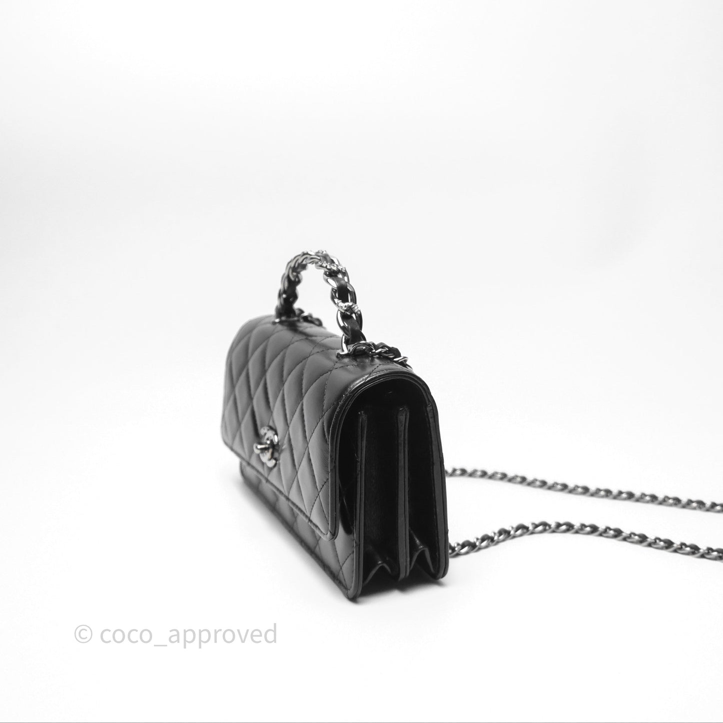 Chanel Mini Crystal Top Handle Wallet On Chain WOC Black Calfskin Gun Metal Hardware 23K