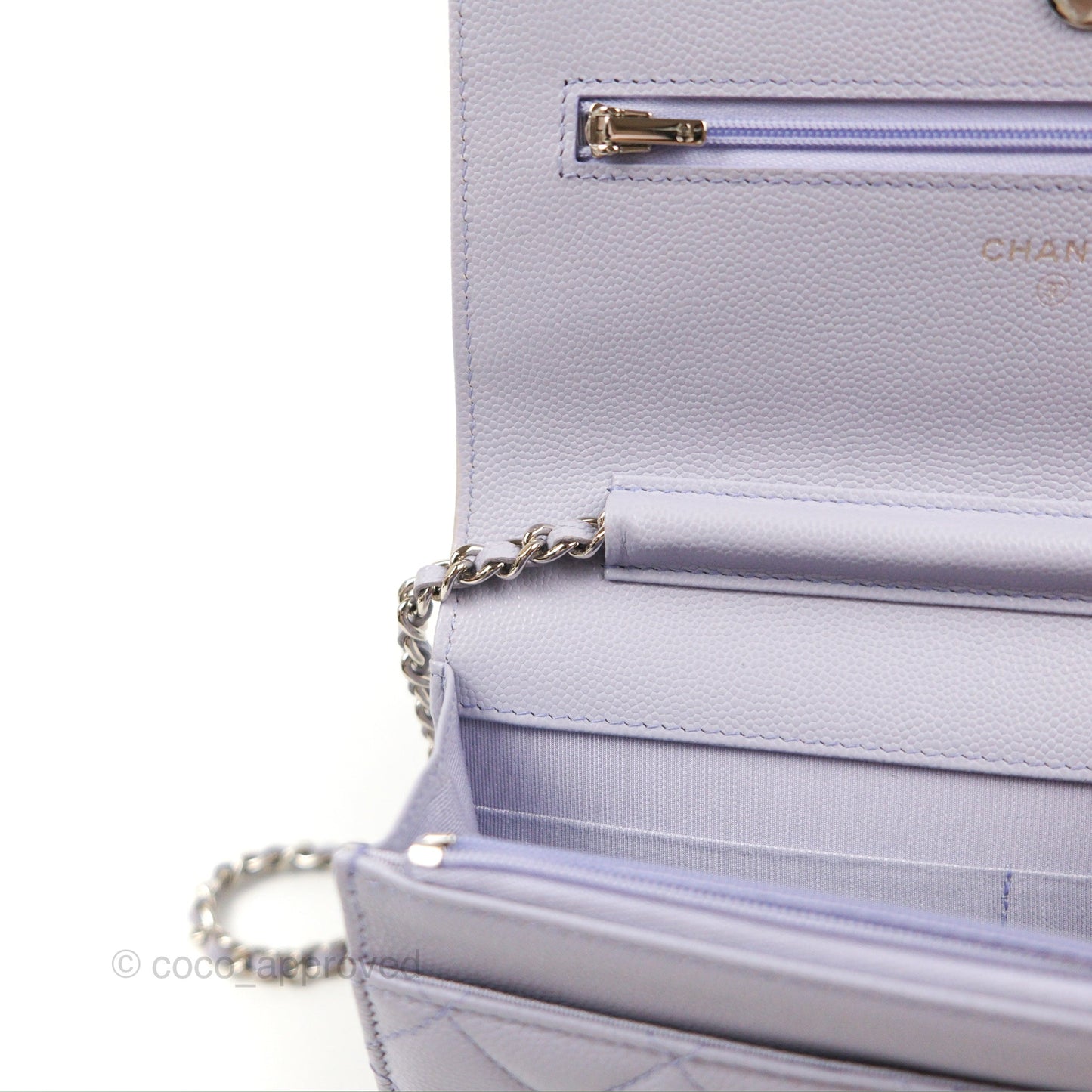 Chanel Quilted Classic Wallet on Chain WOC Lilac Caviar Silver Hardware