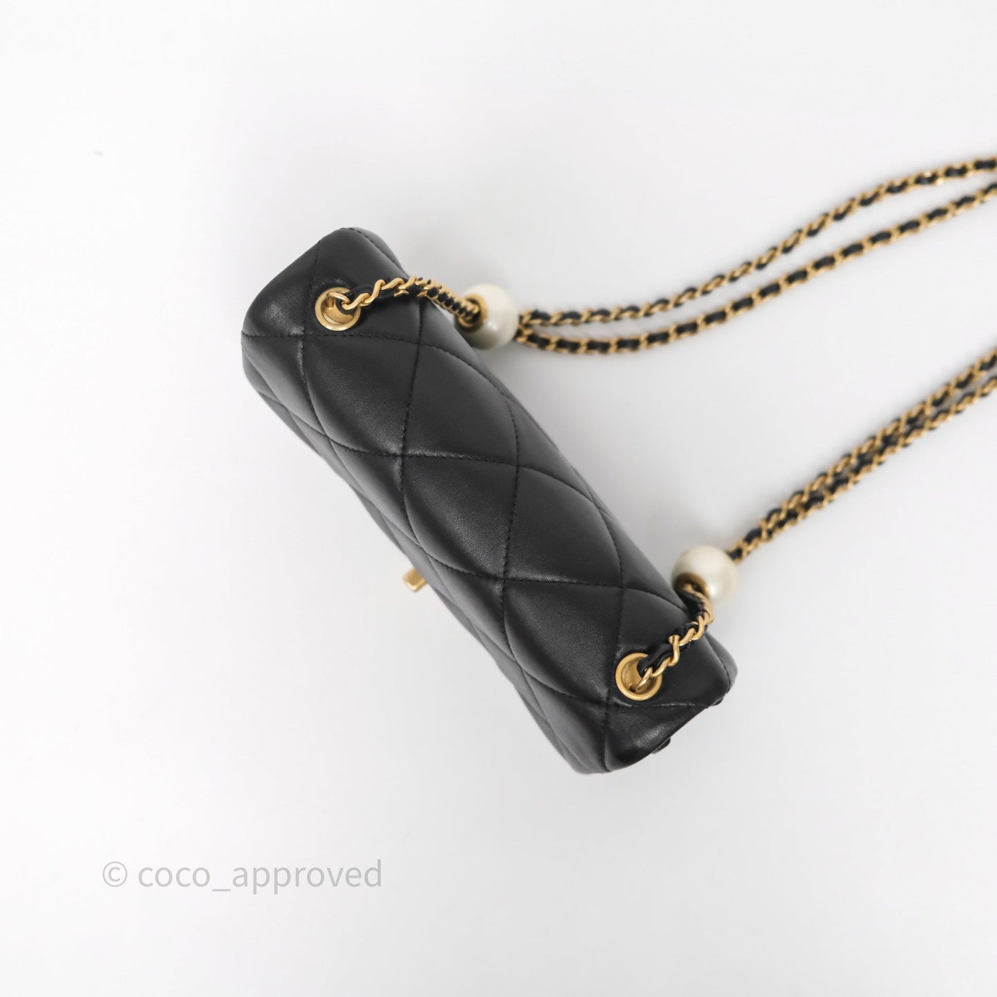 Chanel Quilted Flap Bag with Pearl Chain Black Calfskin Aged Gold Hardware