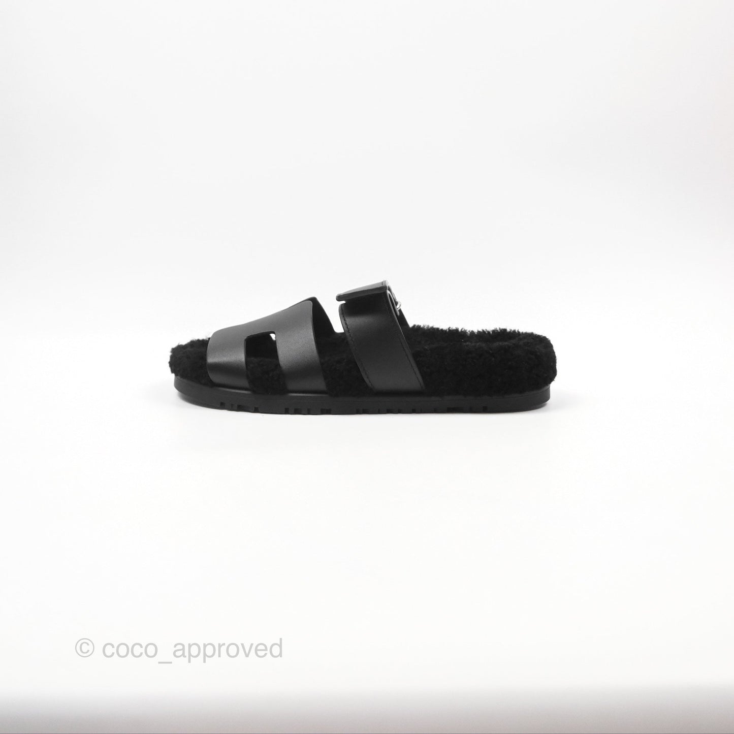 Hermès Chypre Sandal Shearling Black Calfskin Size 36