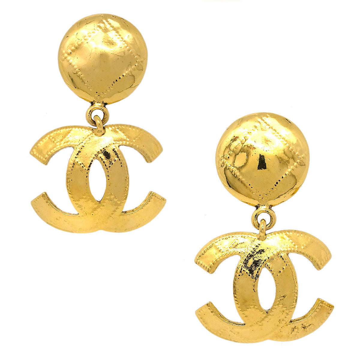 Luxury Chanel 1994 Quilted CC Dangle Earrings Clip-On Gold Small