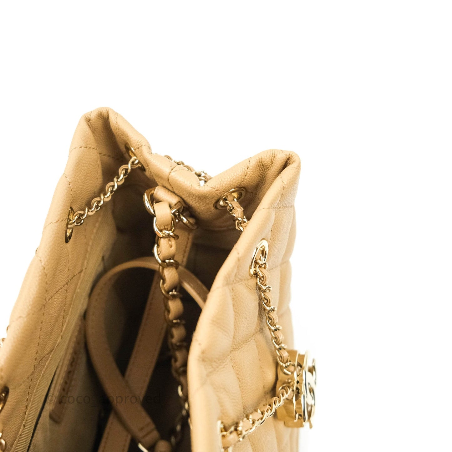 Chanel Caviar Quilted Rolled Up Bucket Drawstring Bag Beige Gold Hardware 19B