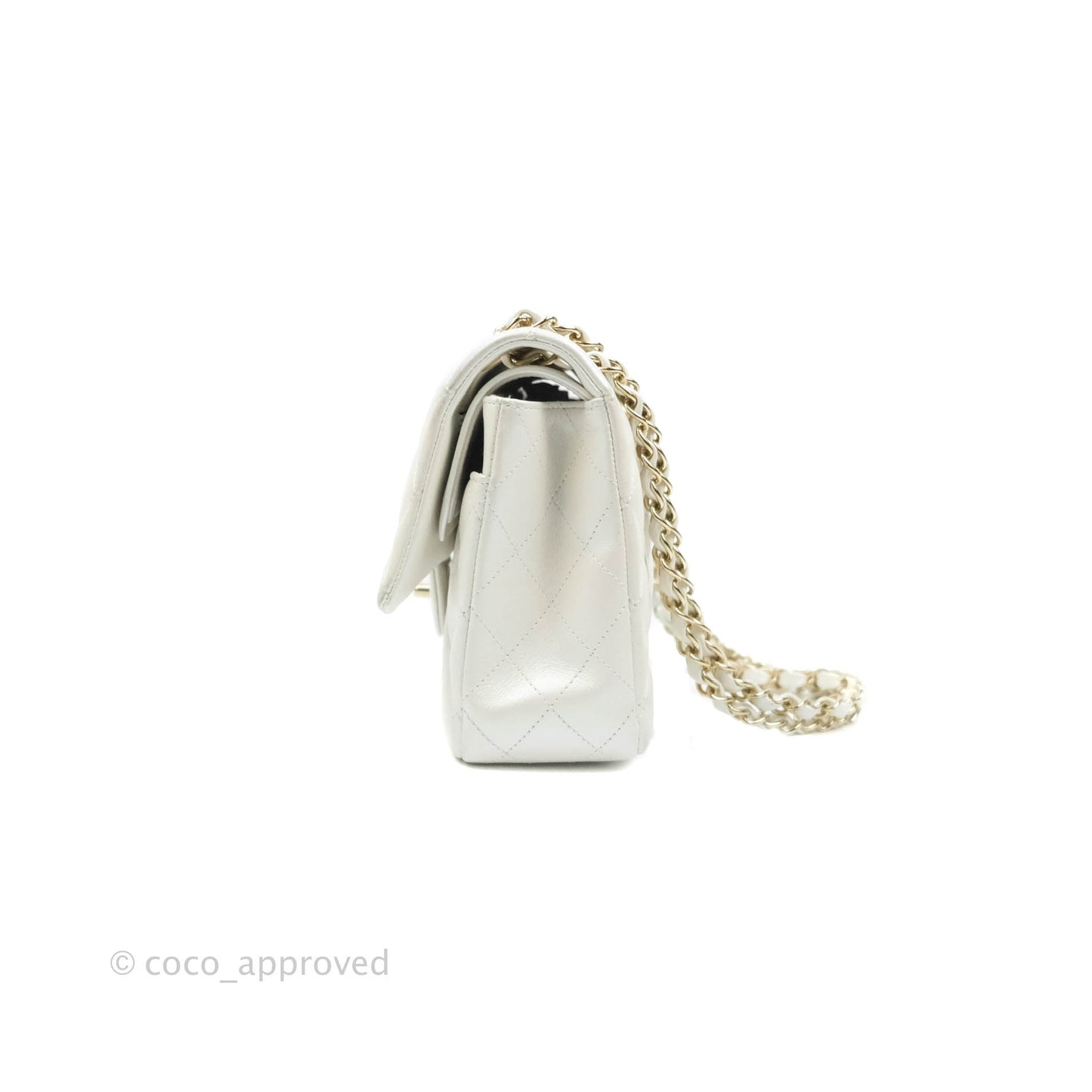 Chanel Classic M/L Medium Double Flap Iridescent White Lambskin Gold Hardware