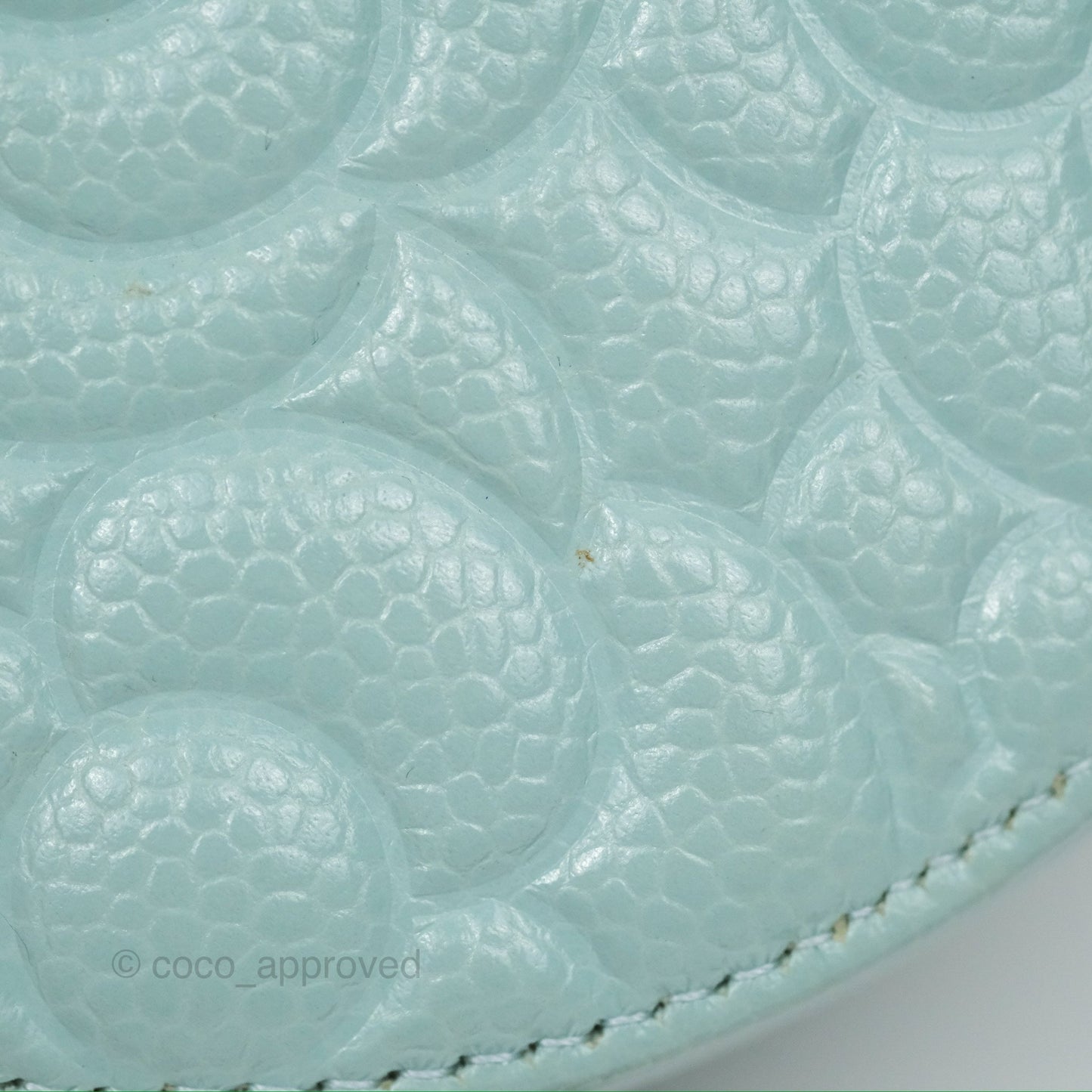 Chanel Camellia Embossed Round Clutch With Chain Light Tiffany Blue Caviar