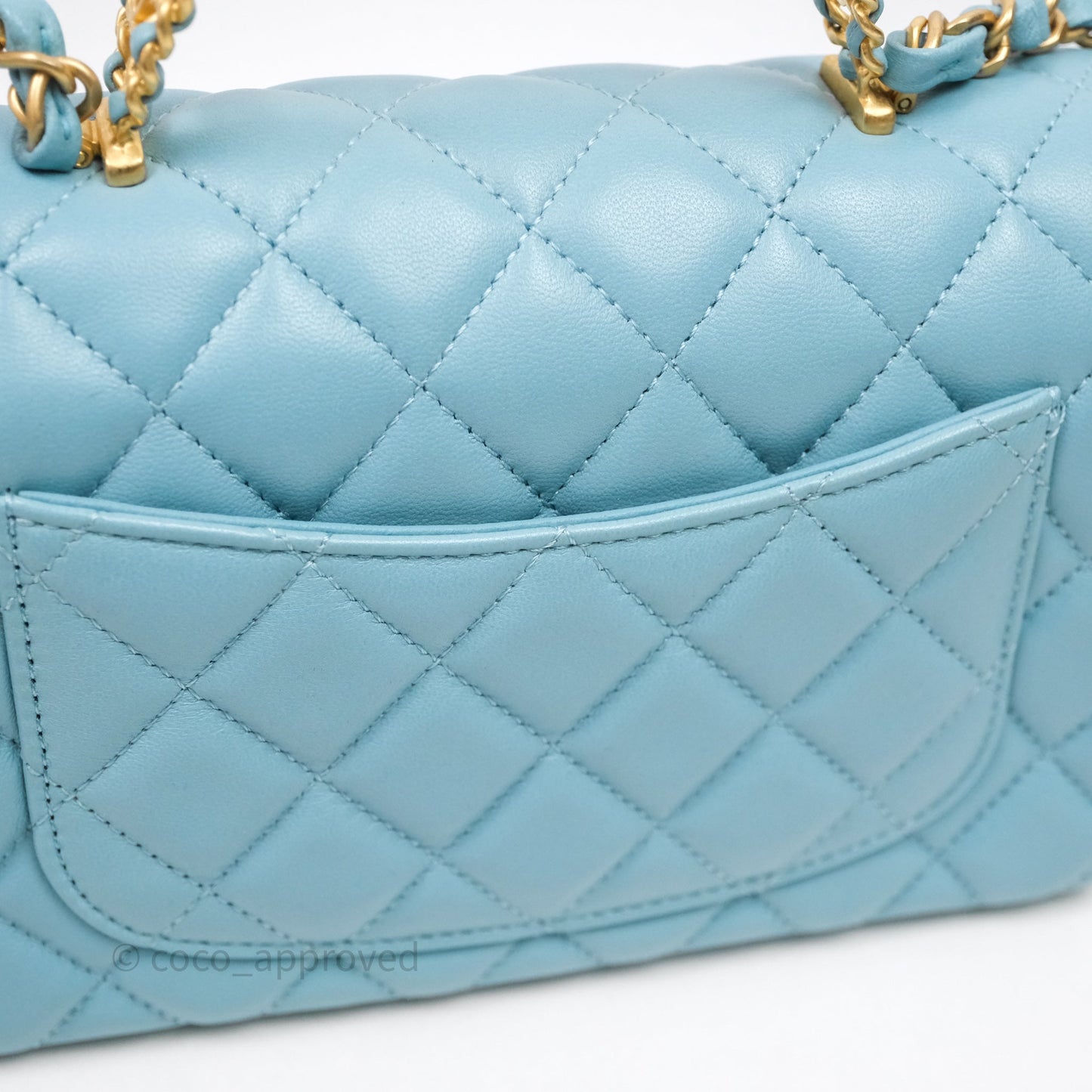 Chanel Flap Bag with Crystal Logo Top Handle Tiffany Blue Lambskin Aged Gold Hardware