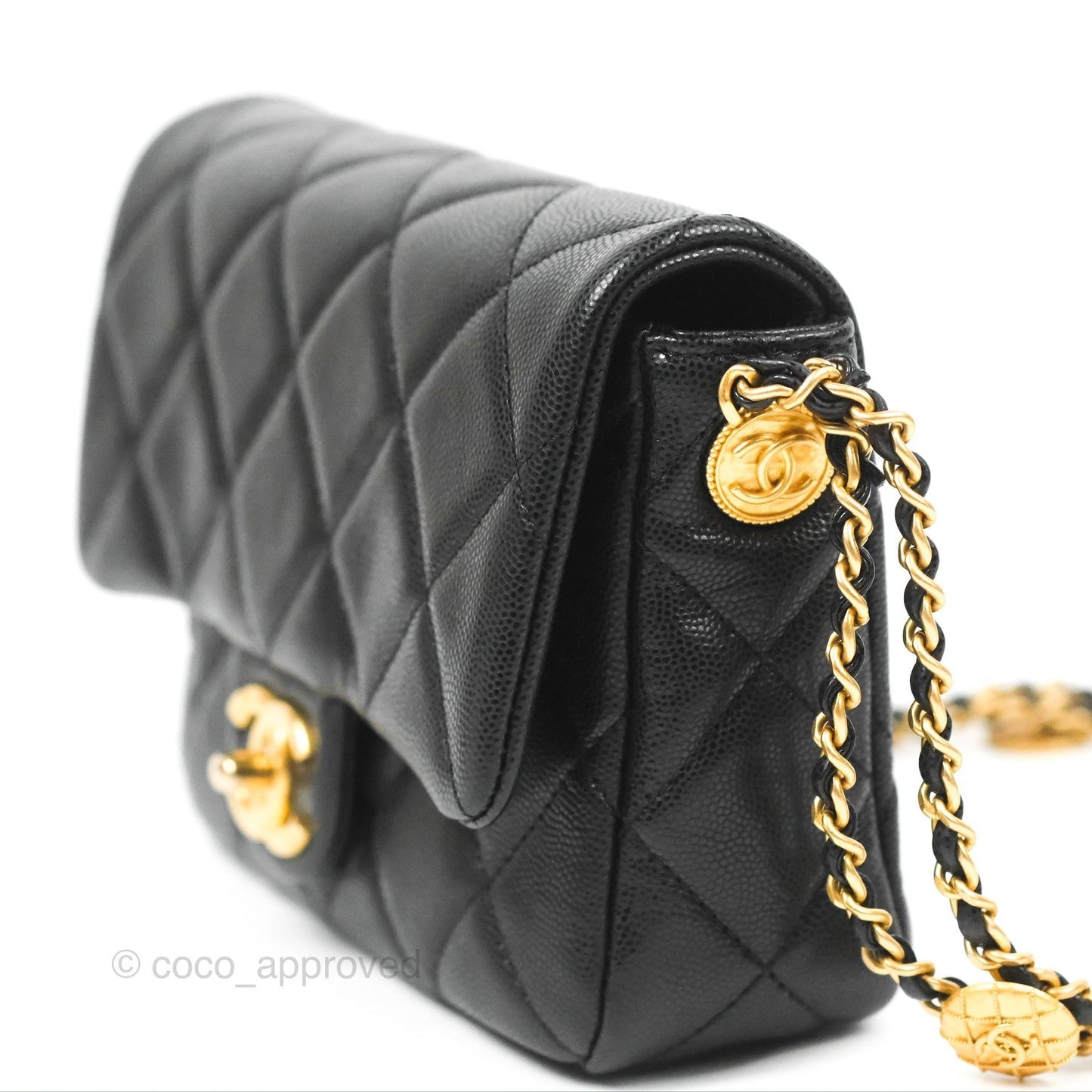 Chanel Small Flap with Coin Charm Black Caviar Aged Gold Hardware 22A