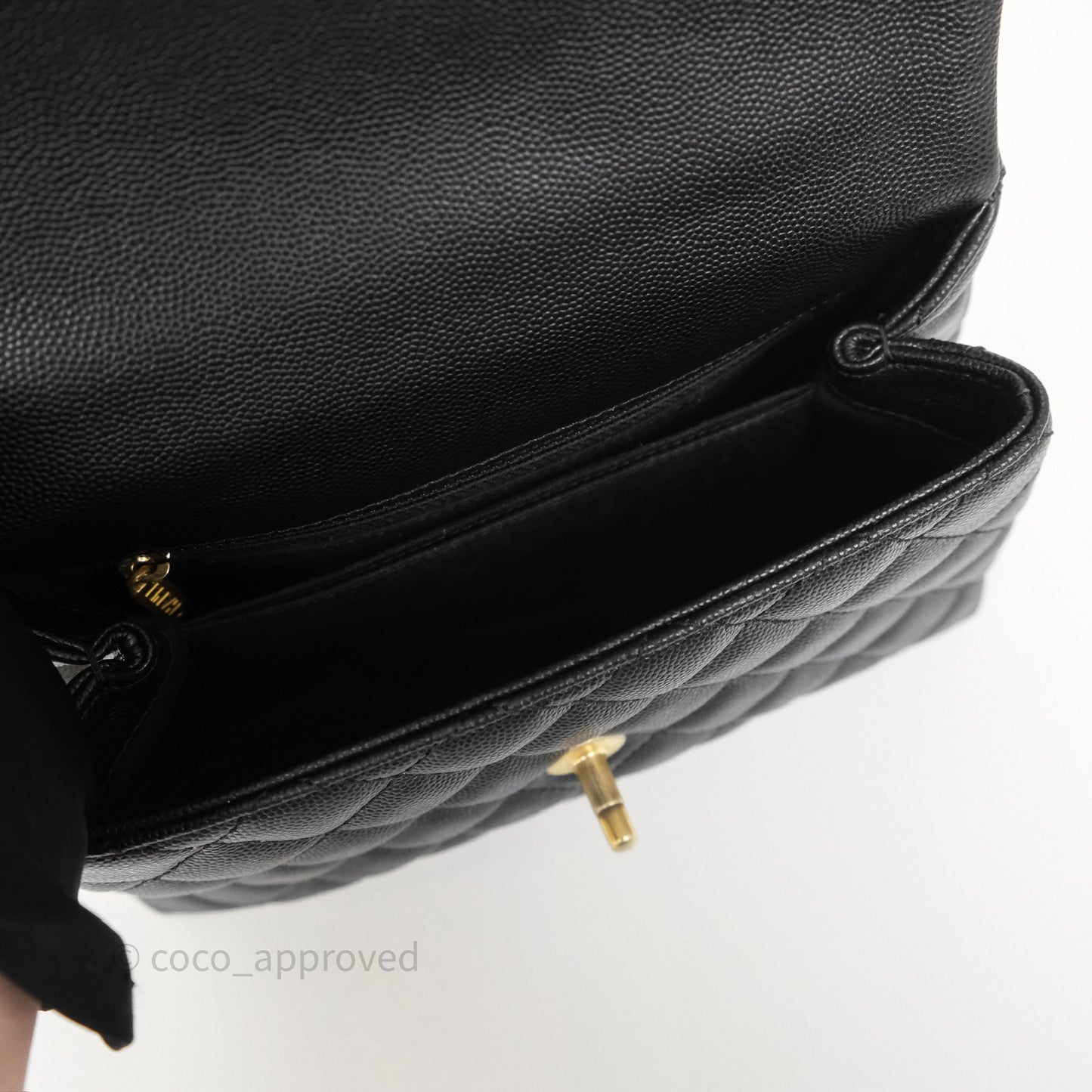 Chanel Small Coco Handle Quilted Black Caviar Aged Gold Hardware Lizard Handle