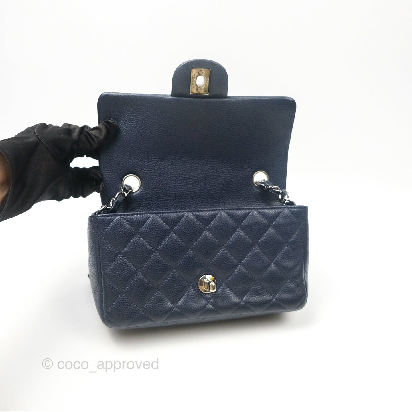 Chanel Quilted Mini Rectangular Flap Navy Caviar Silver Hardware